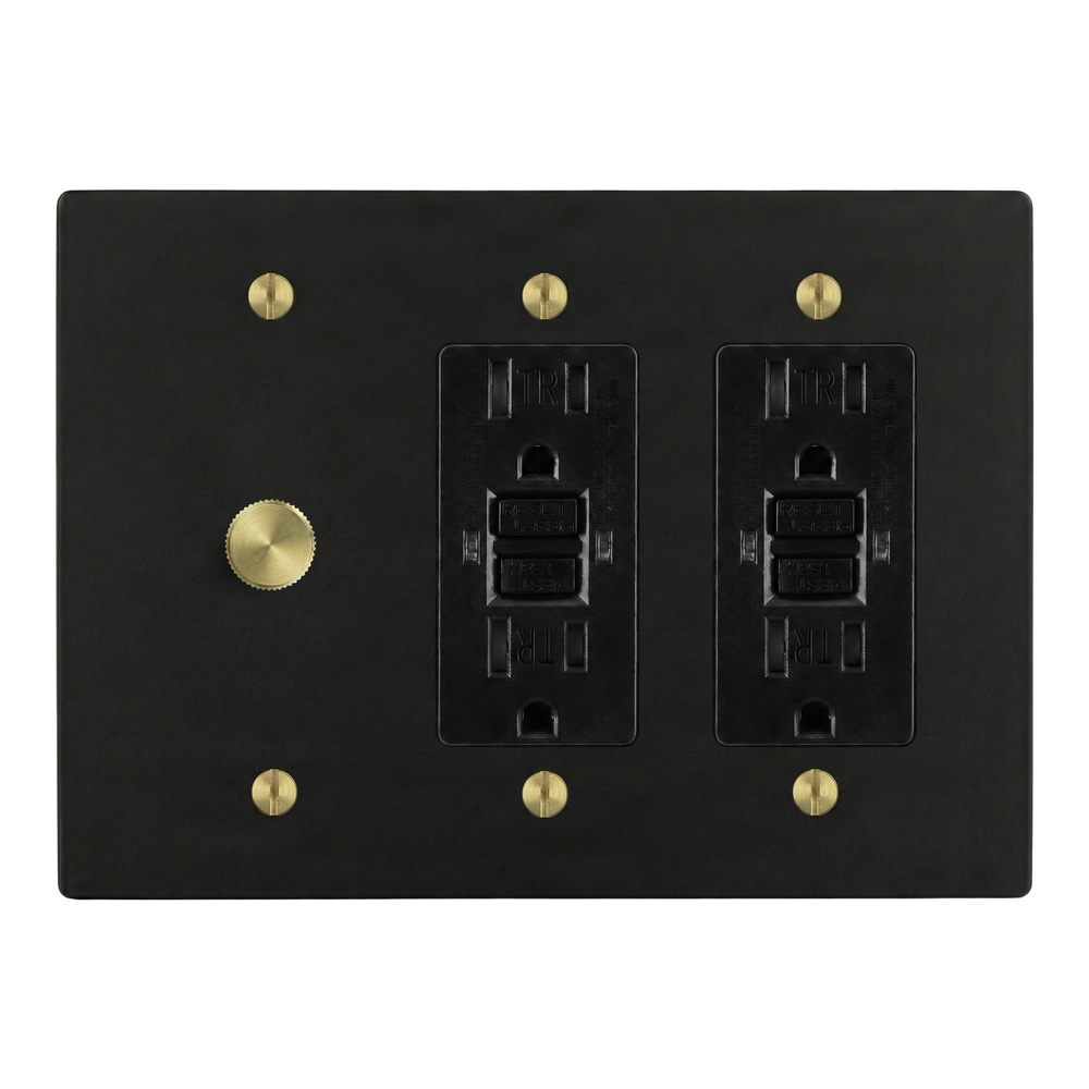 Matte Black (Satin Brass Accents) 3-Gang Dimmer, GFCI Outlet & GFCI Outlet Switch Plate in Black