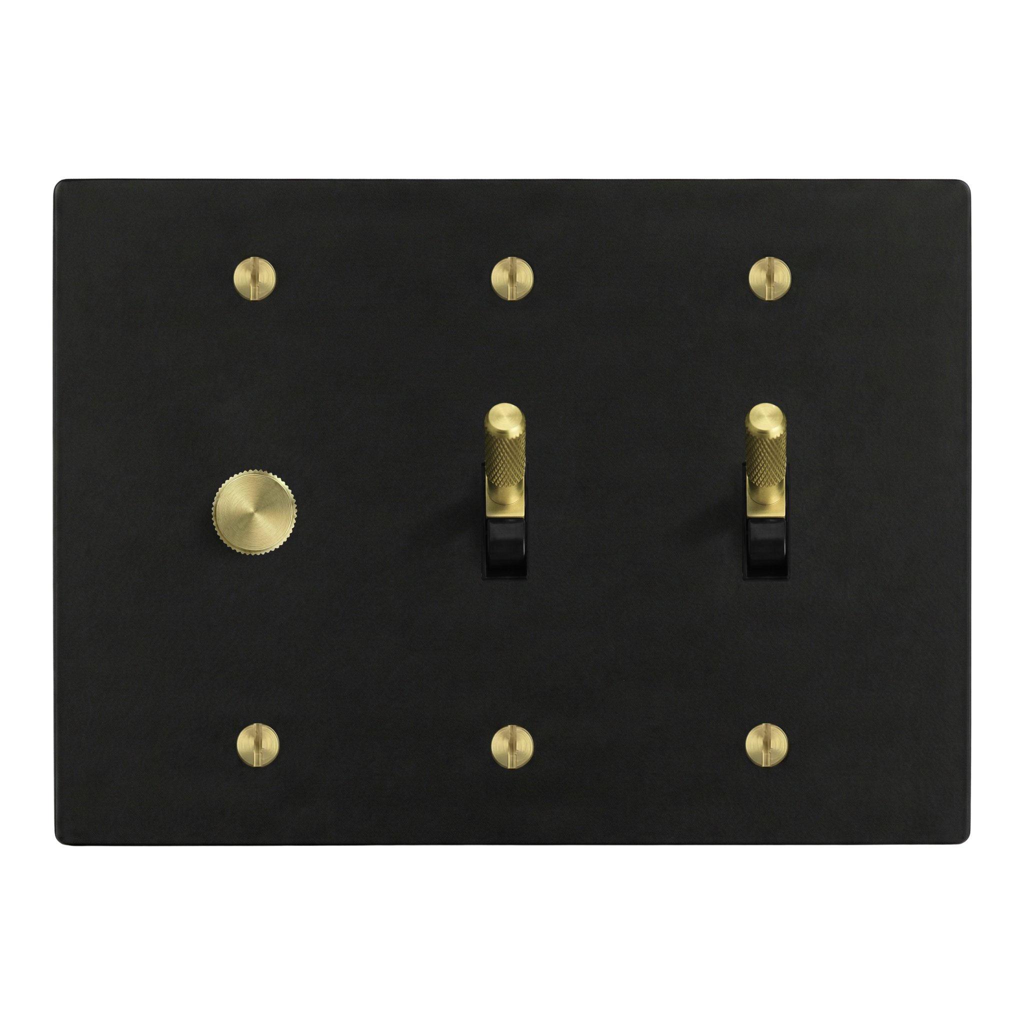 Matte Black (Satin Brass Accents) 3-Gang Dimmer, Toggle & Toggle Switch Plate in Black