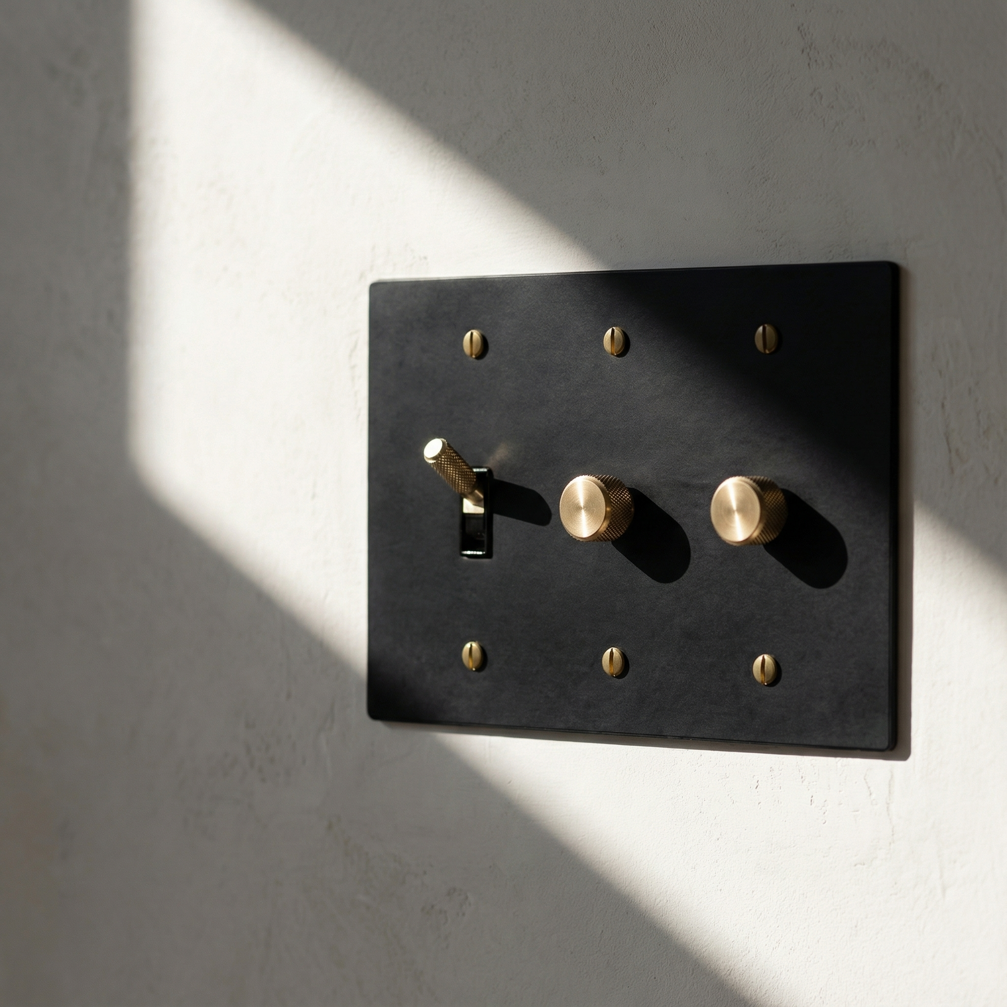 Elegant matte black (satin brass accents) 3 gang dimmer and toggle switch plate on a sunlit textured wall, evoking timeless luxury.