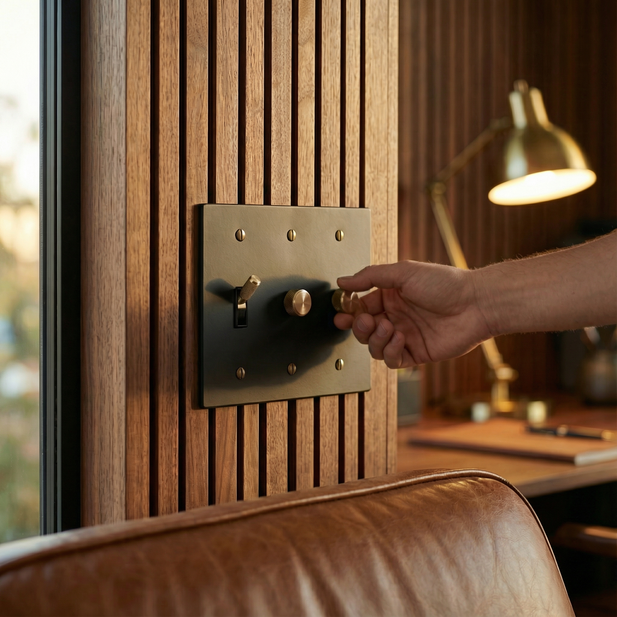 Elegant matte black (satin brass accents) 3 gang dimmer and toggle switch plate on wood, adjusted by hand, exudes timeless luxury.