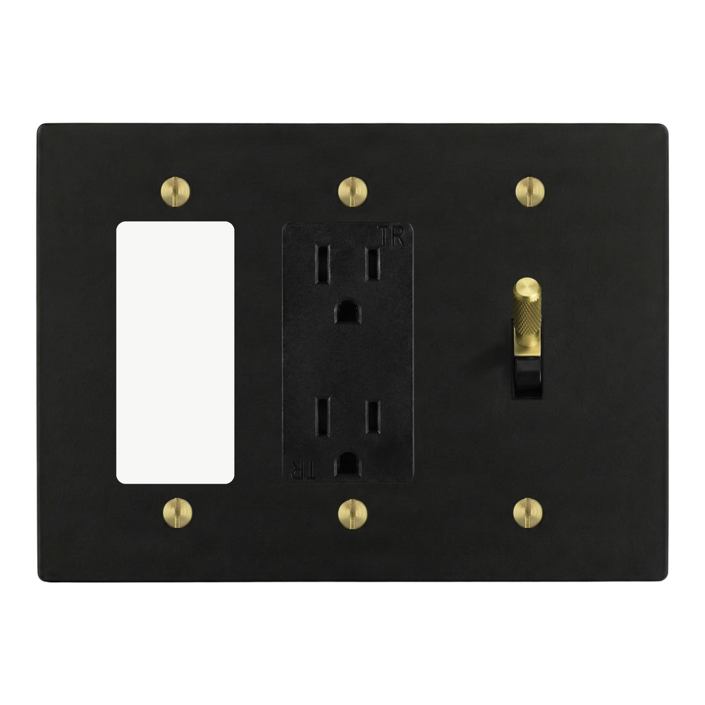 Matte Black (Satin Brass Accents) 3-Gang Decora, Duplex Outlet & Toggle Switch Plate in Black