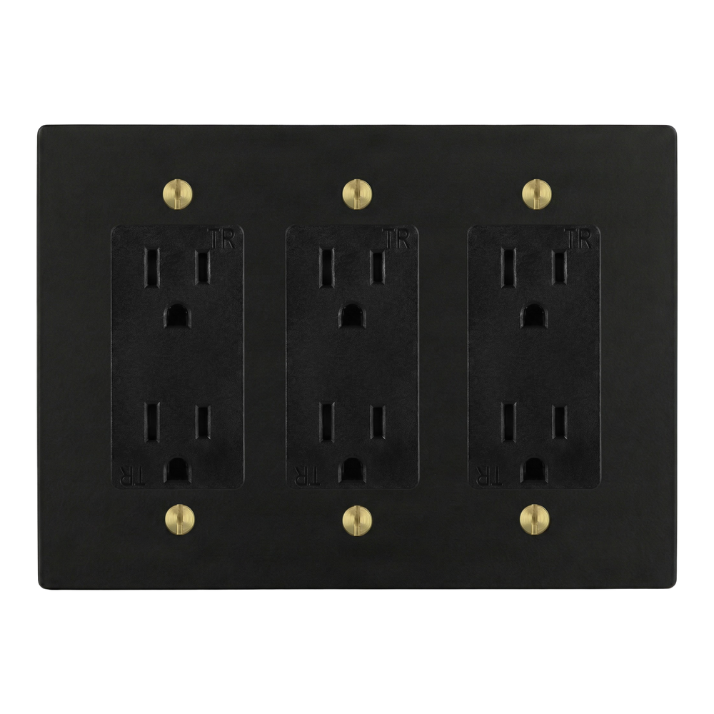 Matte Black (Satin Brass Accents) 3-Gang Duplex Outlet, Duplex Outlet & Duplex Outlet Switch Plate in Black
