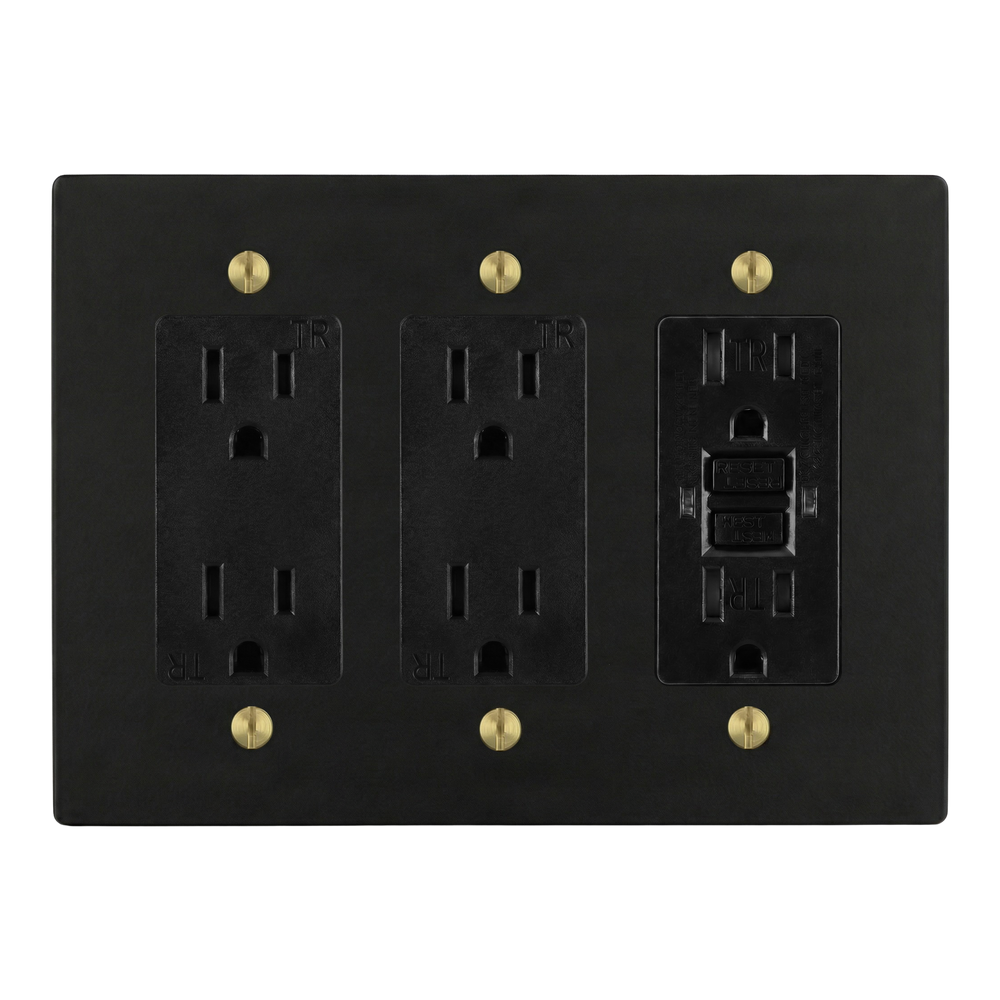 Matte Black (Satin Brass Accents) 3-Gang Duplex Outlet, Duplex Outlet & GFCI Outlet Switch Plate in Black
