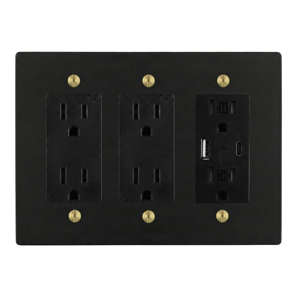 Matte Black (Satin Brass Accents) 3-Gang Duplex Outlet, Duplex Outlet & USB Outlet Switch Plate in Black