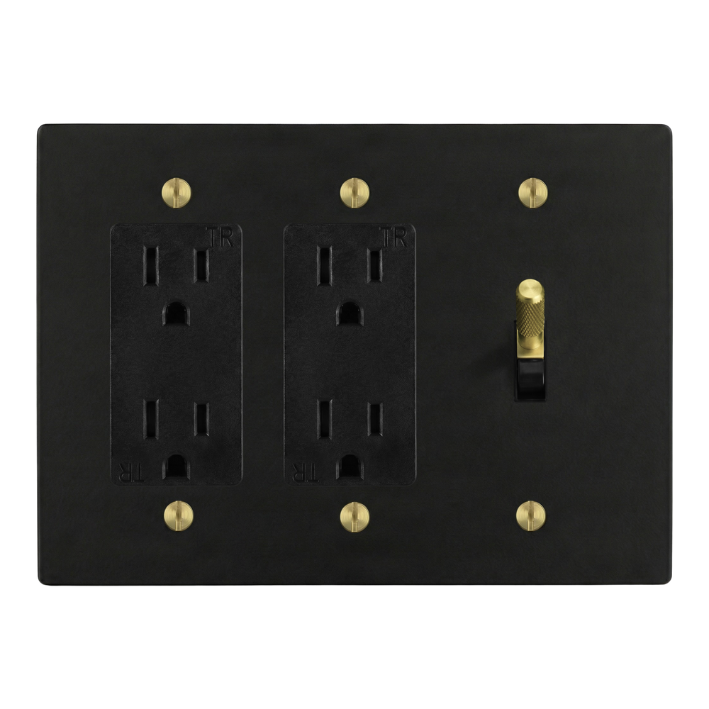 Matte Black (Satin Brass Accents) 3-Gang Duplex Outlet, Duplex Outlet & Toggle Switch Plate in Black