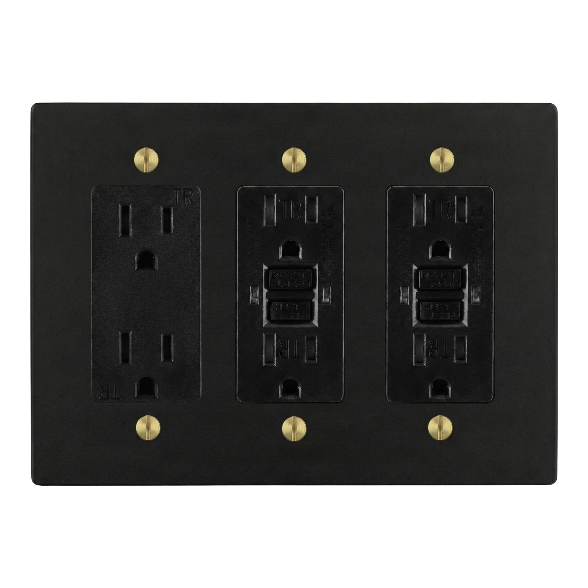 Matte Black (Satin Brass Accents) 3-Gang Duplex Outlet, GFCI Outlet & GFCI Outlet Switch Plate in Black