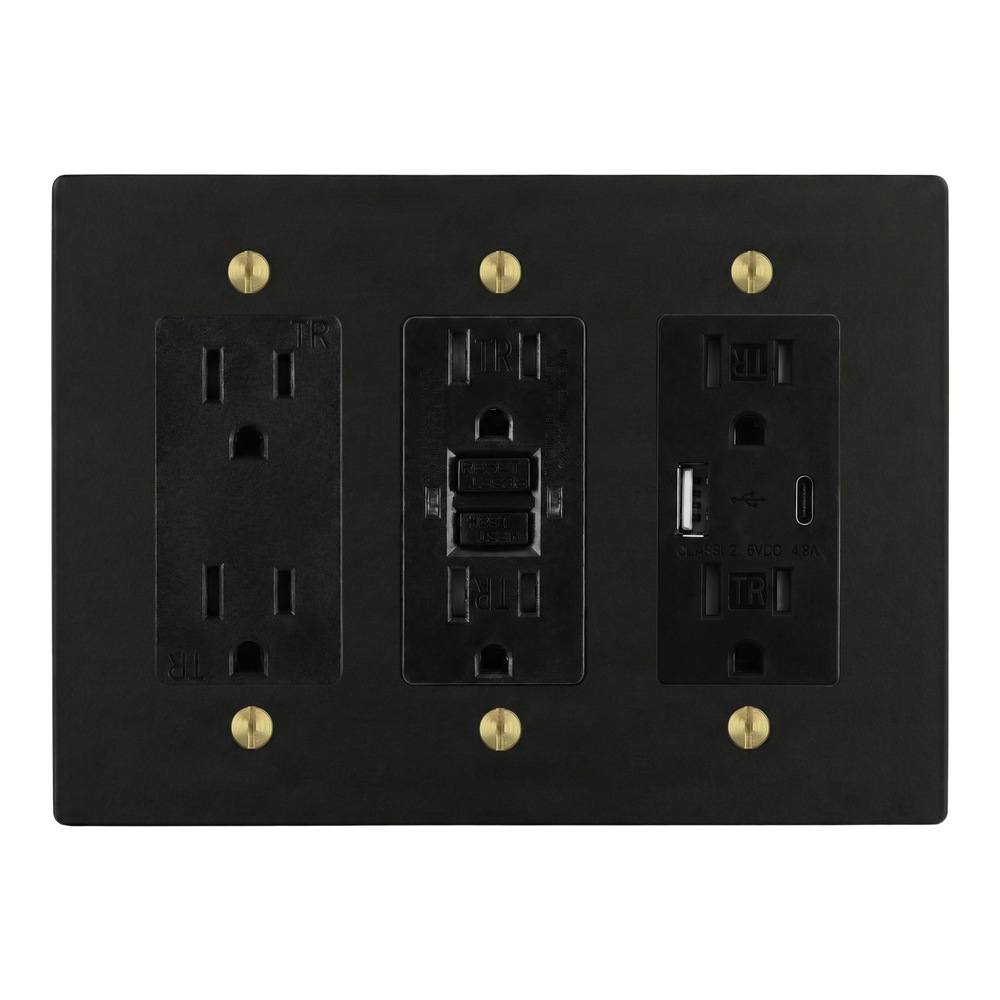 Matte Black (Satin Brass Accents) 3-Gang Duplex Outlet, GFCI Outlet & USB Outlet Switch Plate in Black