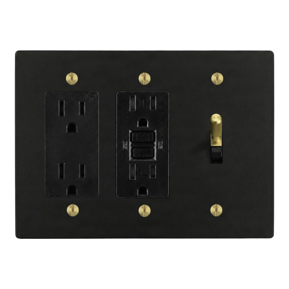 Matte Black (Satin Brass Accents) 3-Gang Duplex Outlet, GFCI Outlet & Toggle Switch Plate in Black