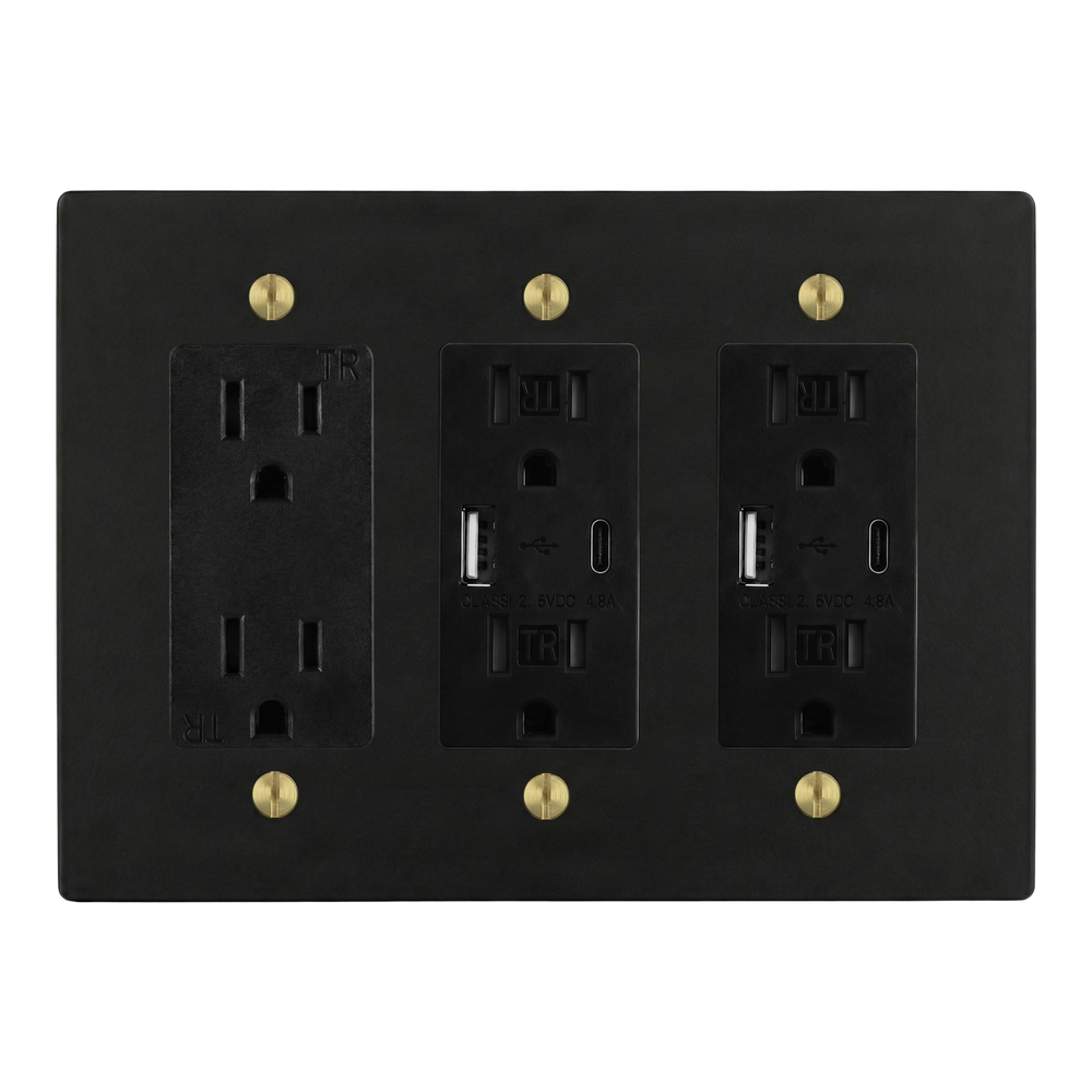 Matte Black (Satin Brass Accents) 3-Gang Duplex Outlet, USB Outlet & USB Outlet Switch Plate in Black