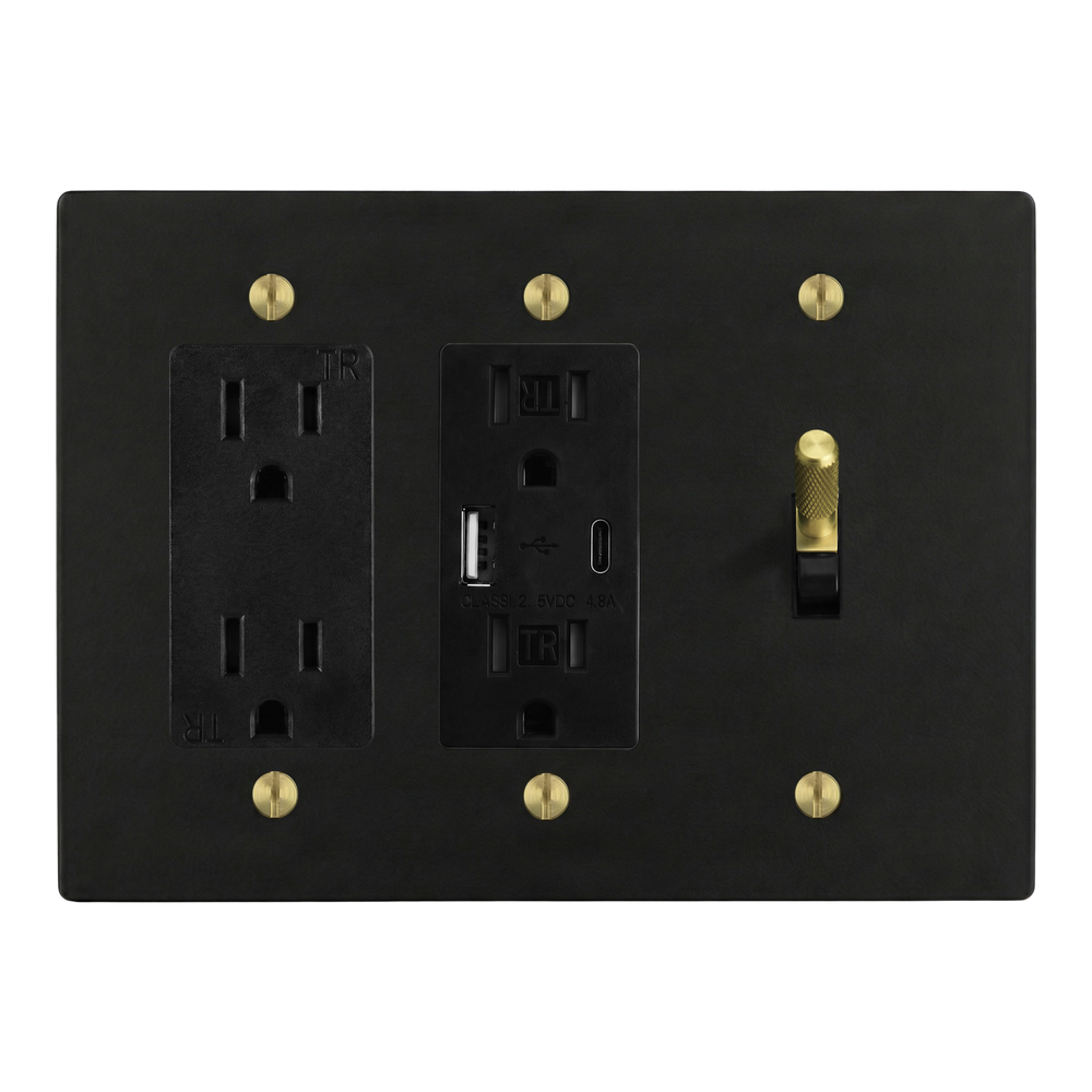Matte Black (Satin Brass Accents) 3-Gang Duplex Outlet, USB Outlet & Toggle Switch Plate in Black