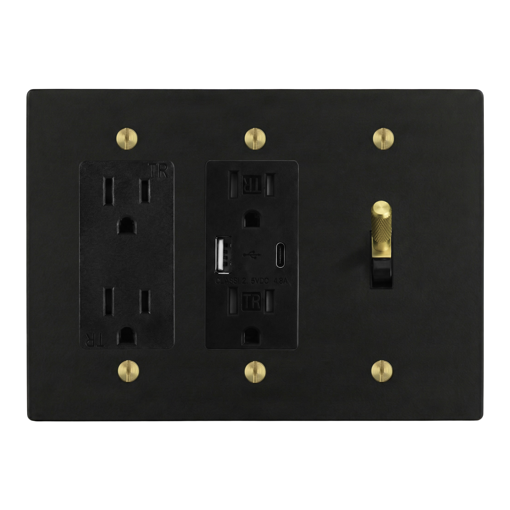 Matte Black (Satin Brass Accents) 3-Gang Duplex Outlet, USB Outlet & Toggle Switch Plate in Black