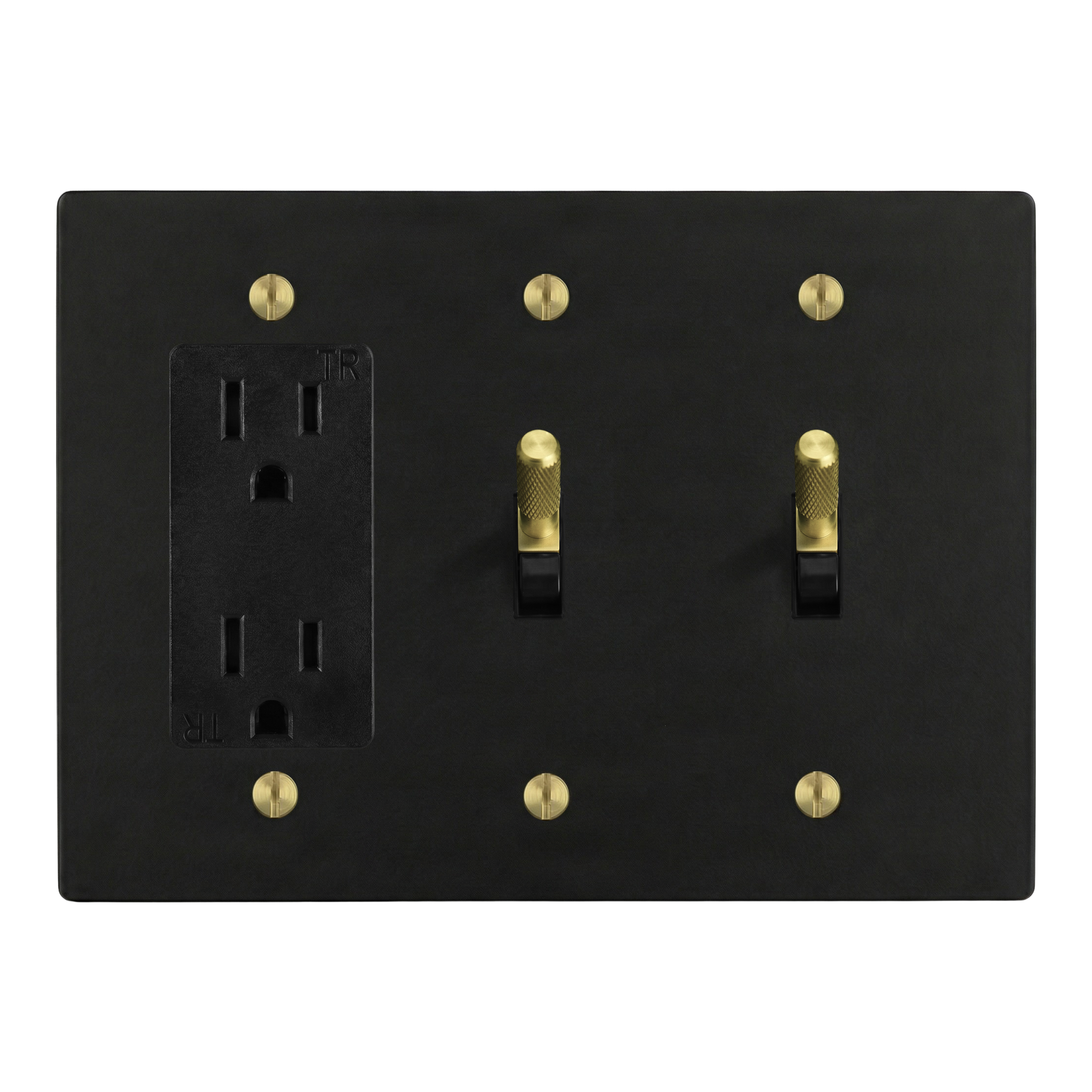 Matte Black (Satin Brass Accents) 3-Gang Duplex Outlet, Toggle & Toggle Switch Plate in Black