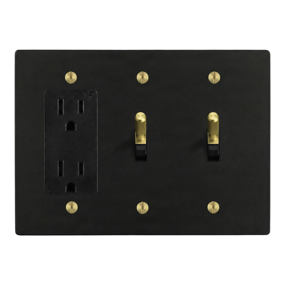 Matte Black (Satin Brass Accents) 3-Gang Duplex Outlet, Toggle & Toggle Switch Plate in Black