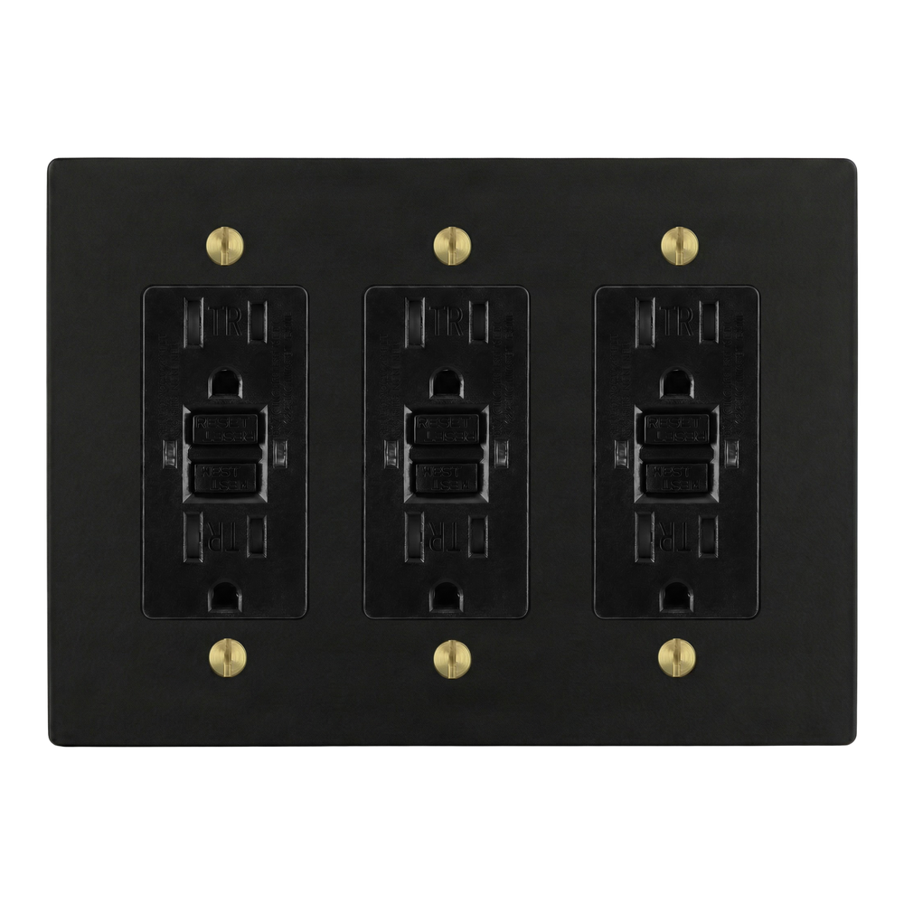 Matte Black (Satin Brass Accents) 3-Gang GFCI Outlet, GFCI Outlet & GFCI Outlet Switch Plate in Black