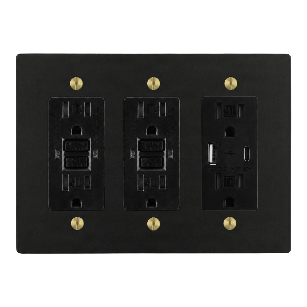 Matte Black (Satin Brass Accents) 3-Gang GFCI Outlet, GFCI Outlet & USB Outlet Switch Plate in Black