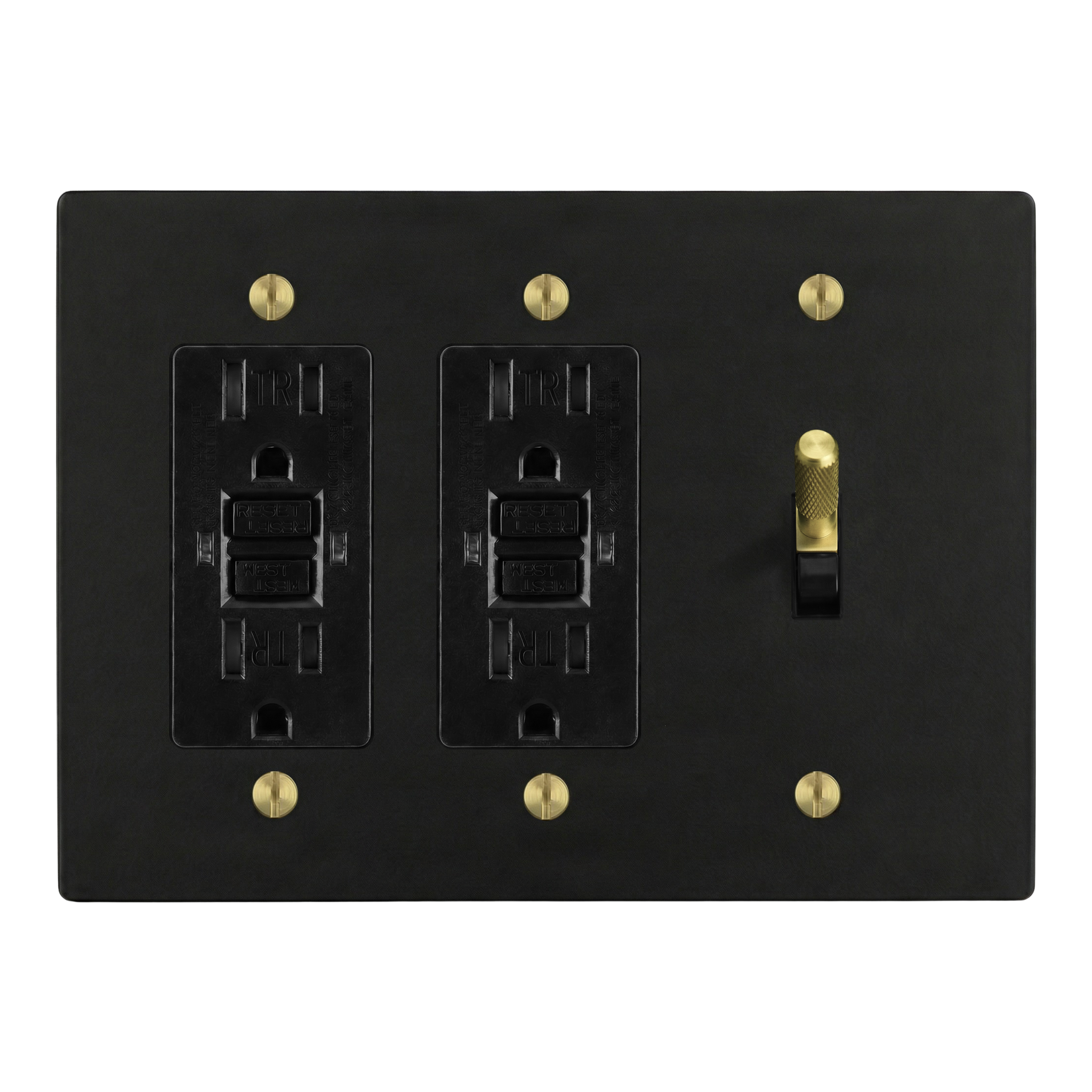 Matte Black (Satin Brass Accents) 3-Gang GFCI Outlet, GFCI Outlet & Toggle Switch Plate in Black