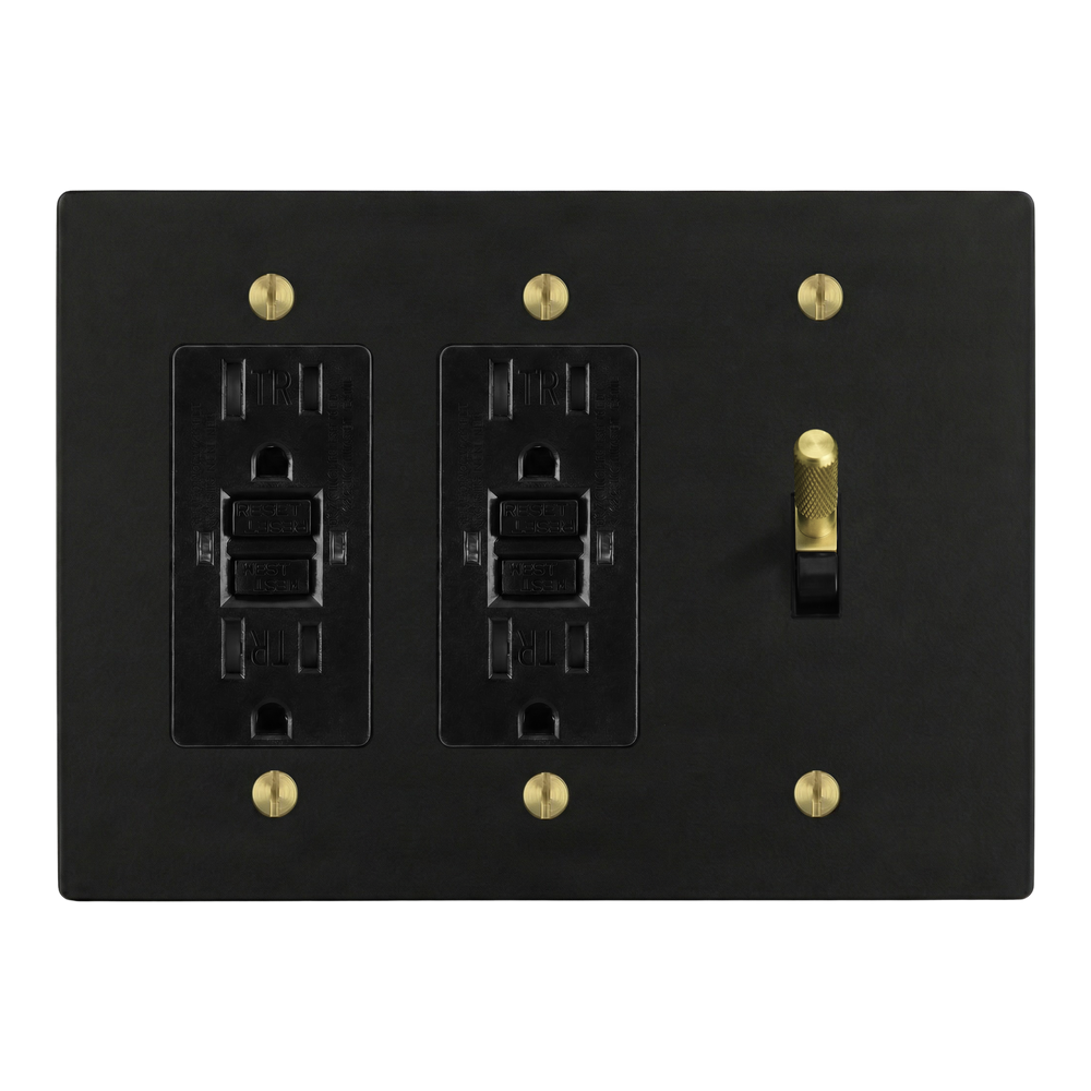 Matte Black (Satin Brass Accents) 3-Gang GFCI Outlet, GFCI Outlet & Toggle Switch Plate in Black