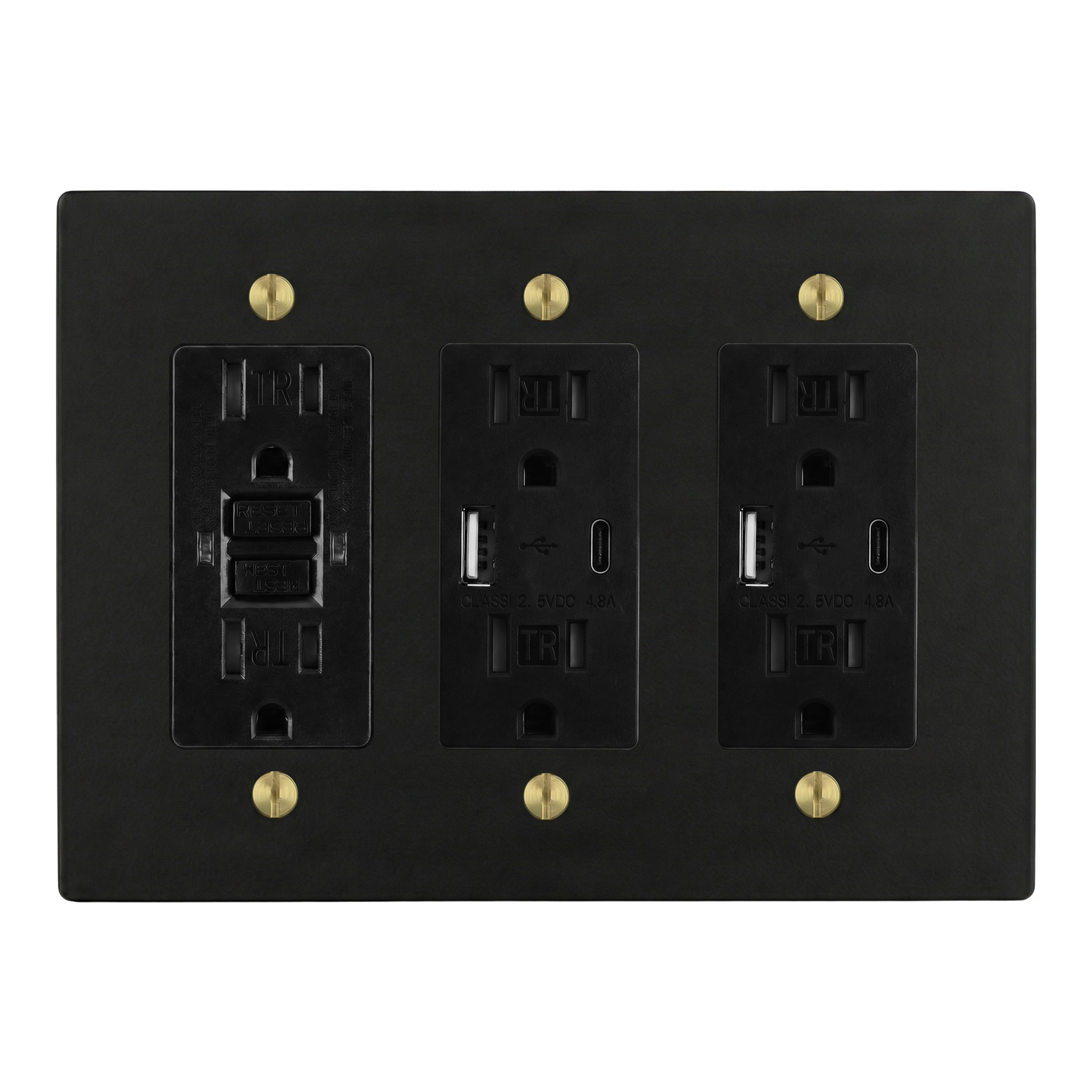 Matte Black (Satin Brass Accents) 3-Gang GFCI Outlet, USB Outlet & USB Outlet Switch Plate in Black