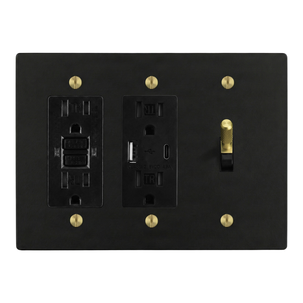 Matte Black (Satin Brass Accents) 3-Gang GFCI Outlet, USB Outlet & Toggle Switch Plate in Black