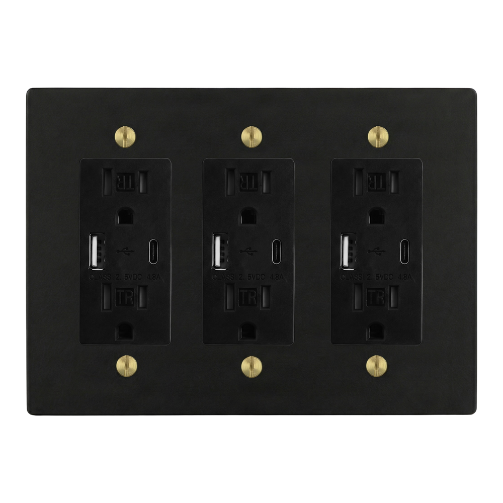 Matte Black (Satin Brass Accents) 3-Gang USB Outlet, USB Outlet & USB Outlet Switch Plate in Black