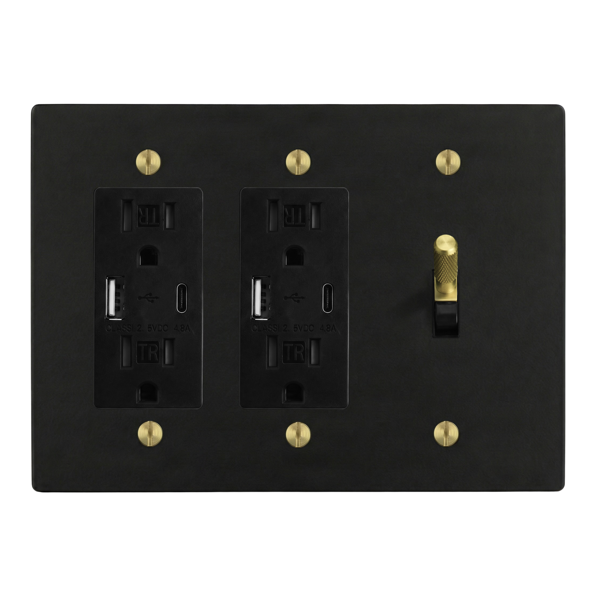 Matte Black (Satin Brass Accents) 3-Gang USB Outlet, USB Outlet & Toggle Switch Plate in Black