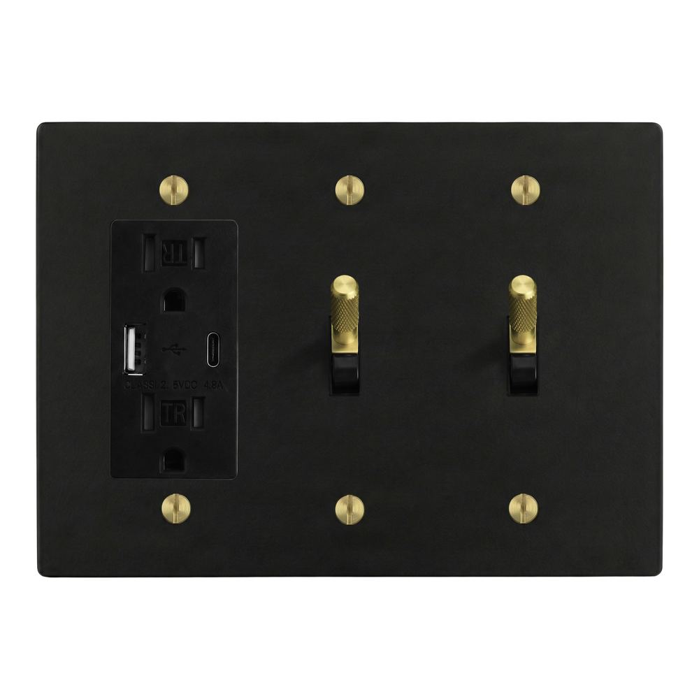 Matte Black (Satin Brass Accents) 3-Gang USB Outlet, Toggle & Toggle Switch Plate in Black