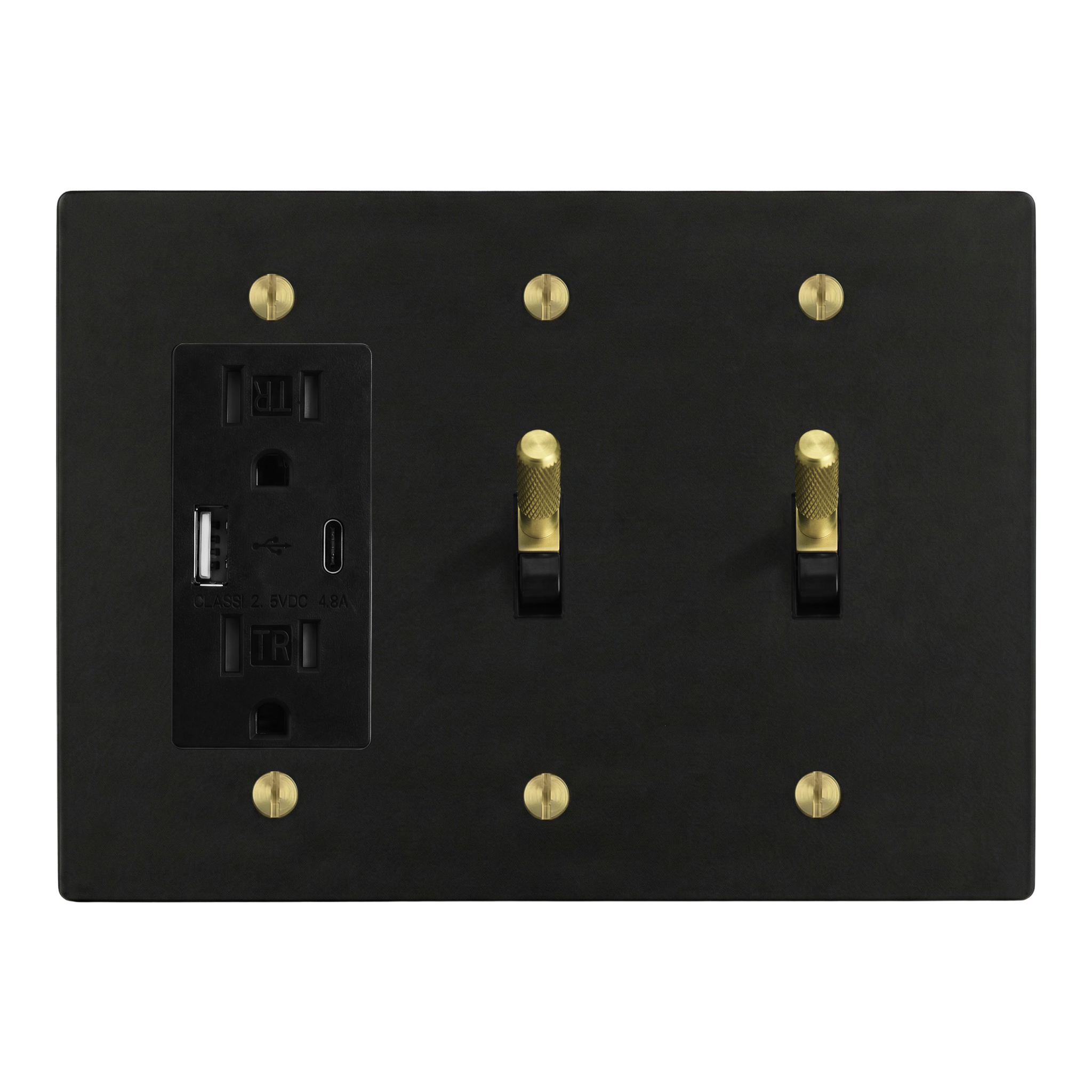 Matte Black (Satin Brass Accents) 3-Gang USB Outlet, Toggle & Toggle Switch Plate in Black