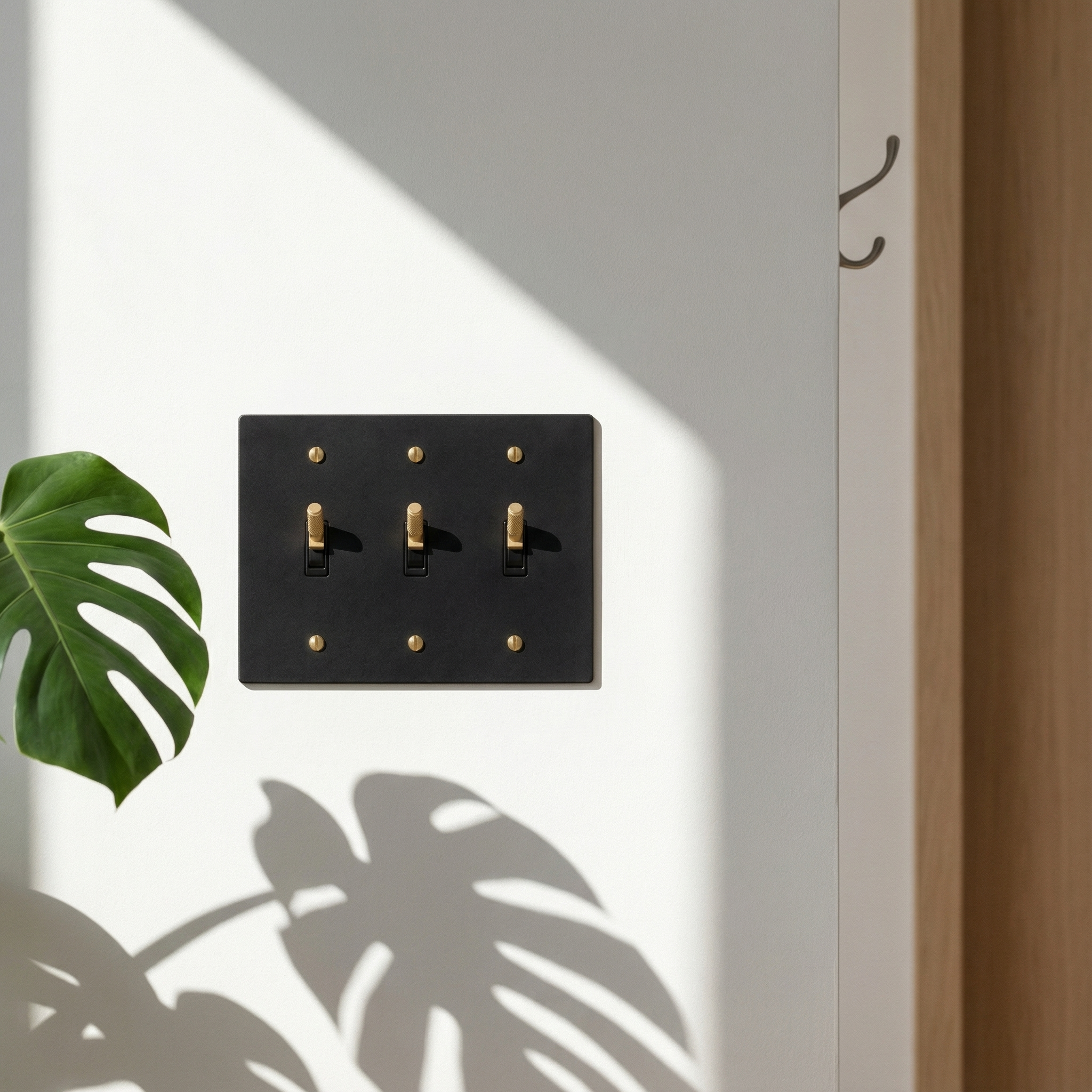 matte black (satin brass accents) 3 gang toggle switch plate adds quiet luxury to a sunlit wall with plant shadows.