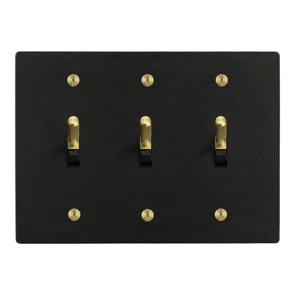 Matte Black (Satin Brass Accents) 3-Gang Toggle, Toggle & Toggle Switch Plate in Black