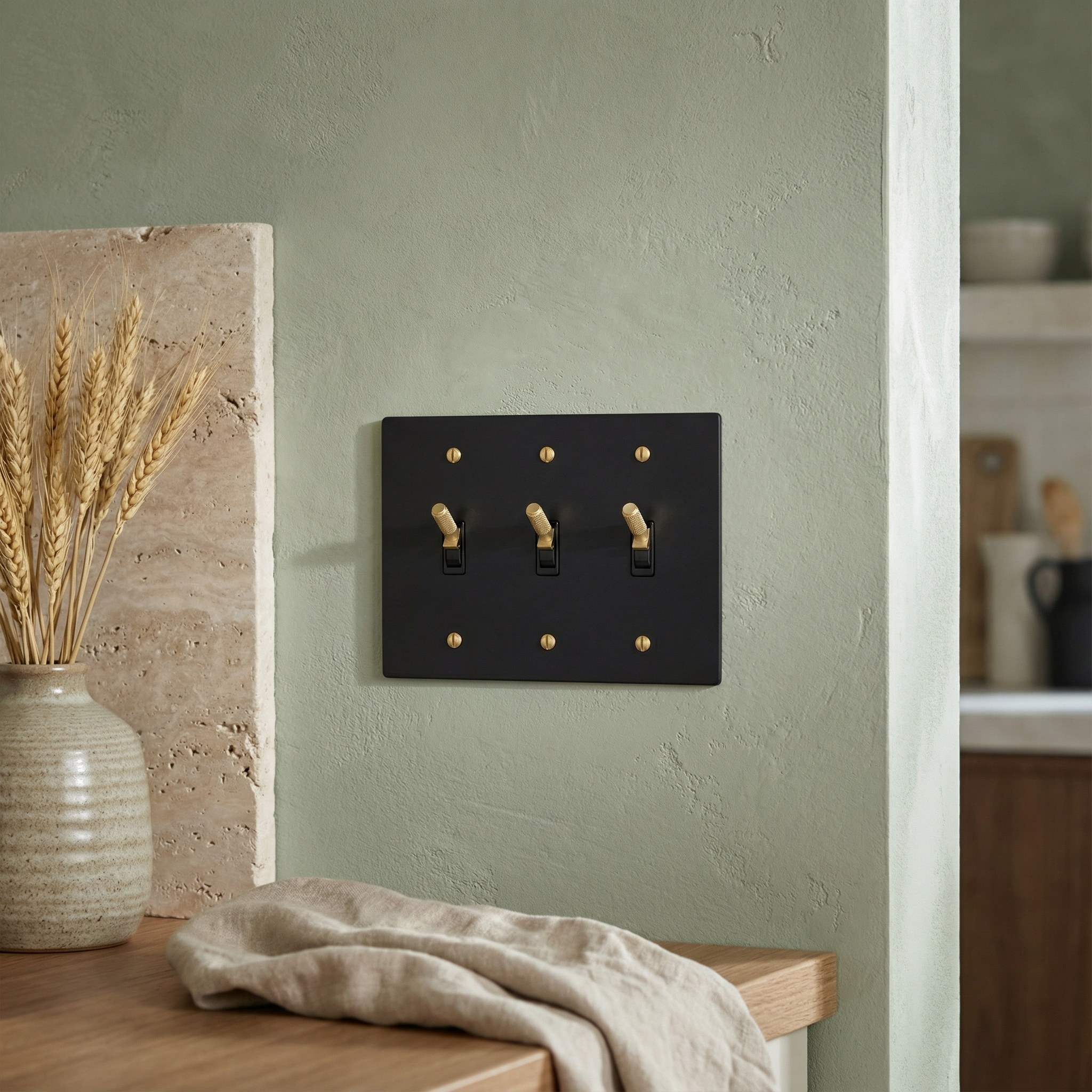 Elegant matte black (satin brass accents) 3 gang toggle switch plate on a textured green wall, embodying quiet luxury.