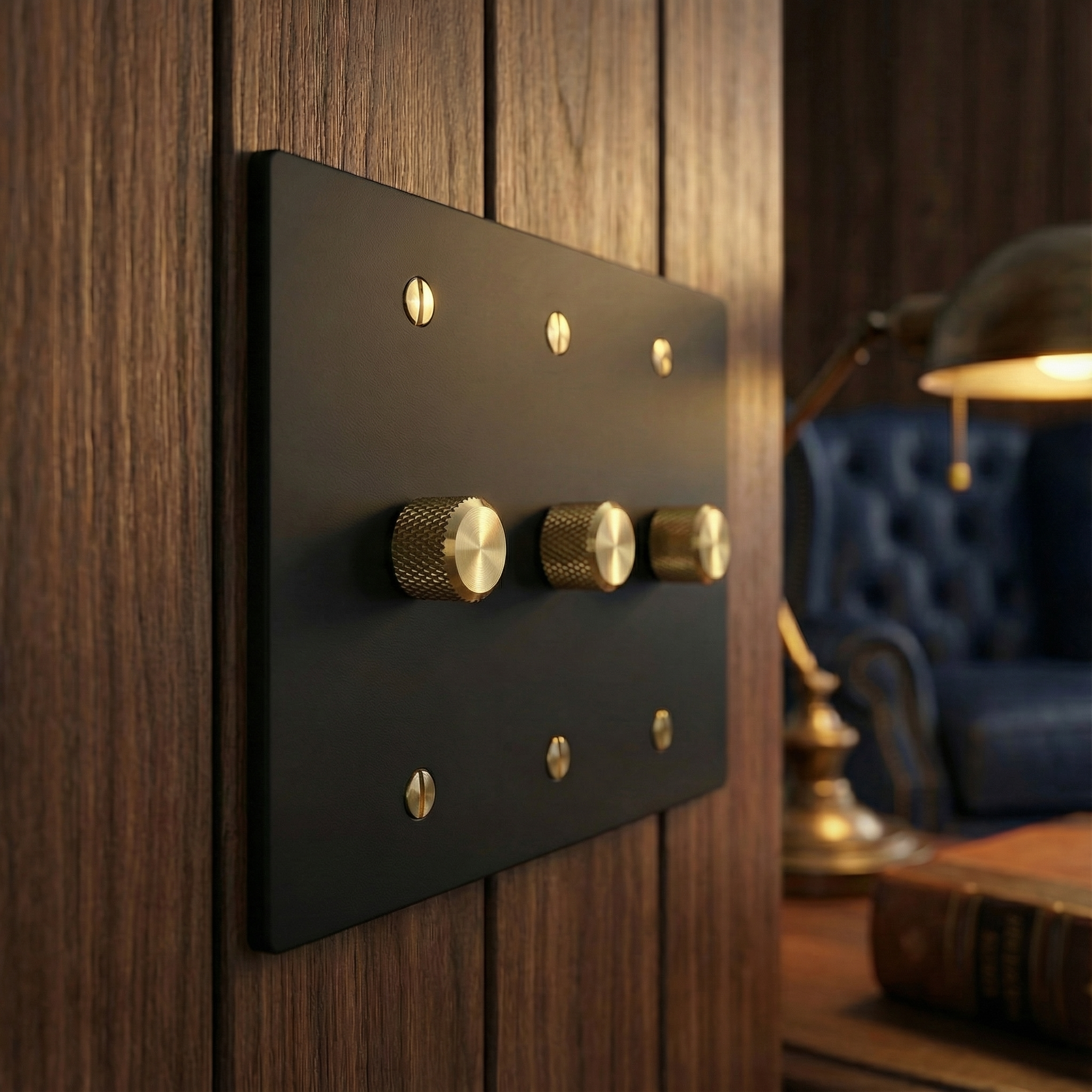 Elegant study featuring a matte black (satin brass accents) 3 gang dimmer switch plate on dark wood paneling.