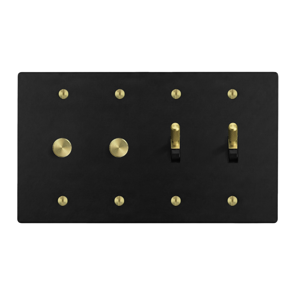 Matte Black (Satin Brass Accents) 4-Gang Dimmer, Dimmer, Toggle & Toggle Switch Plate in Black
