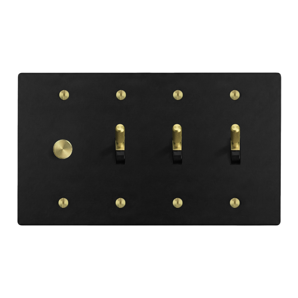 Matte Black (Satin Brass Accents) 4-Gang Dimmer, Toggle, Toggle & Toggle Switch Plate in Black