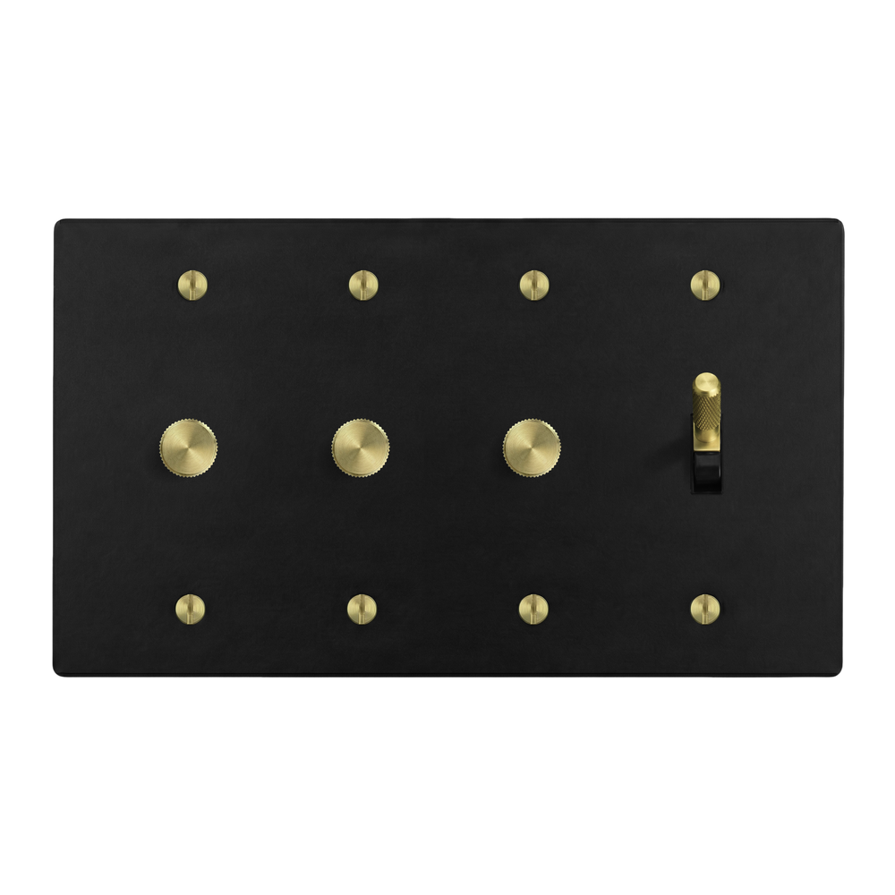 Matte Black (Satin Brass Accents) 4-Gang Dimmer, Dimmer, Dimmer & Toggle Switch Plate in Black