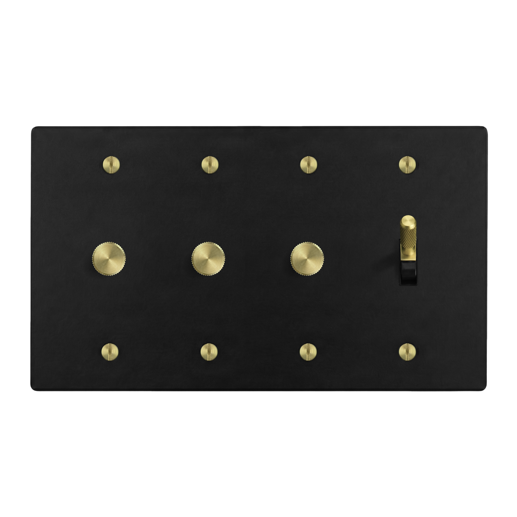 Matte Black (Satin Brass Accents) 4-Gang Dimmer, Dimmer, Dimmer & Toggle Switch Plate in Black