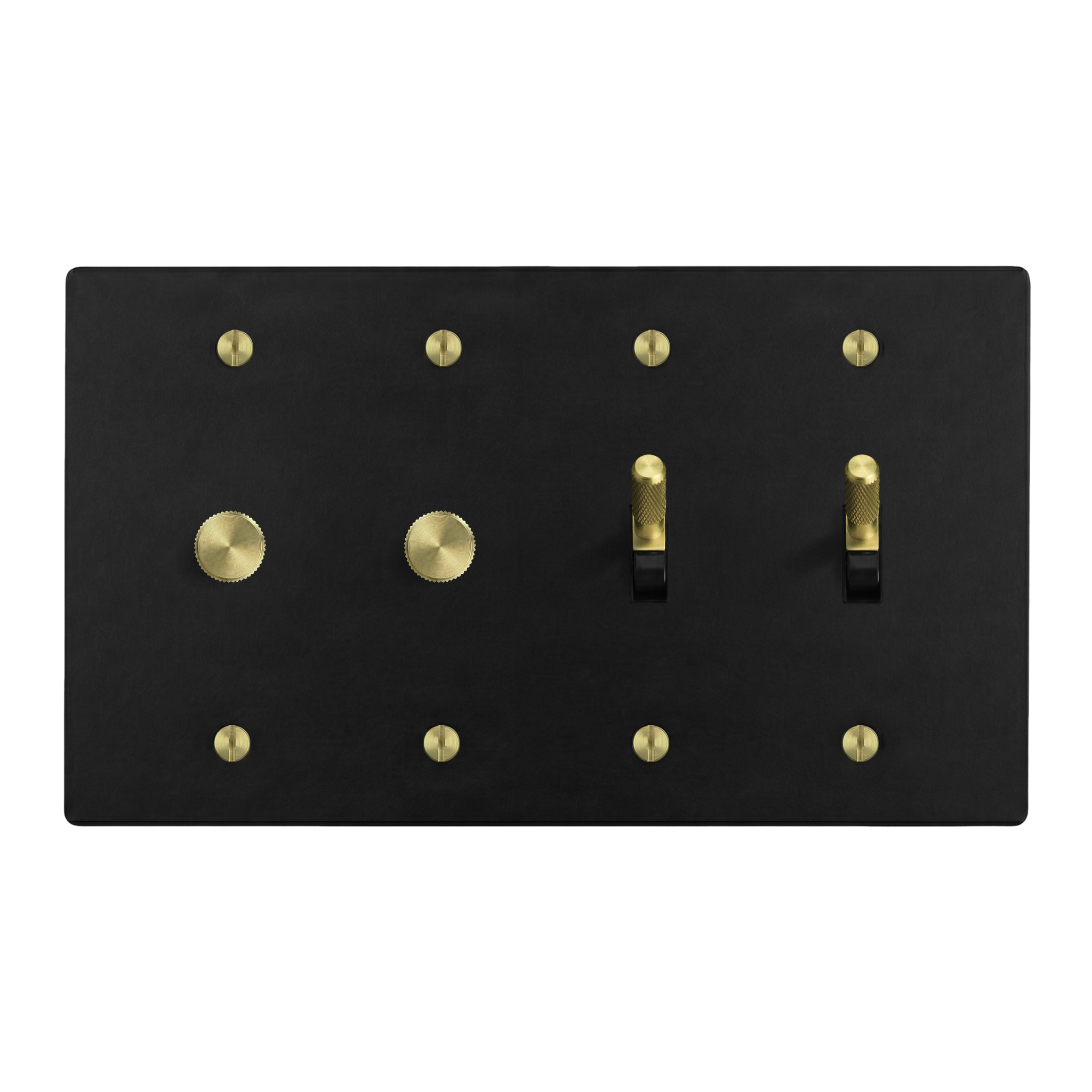 Matte Black (Satin Brass Accents) 4-Gang Dimmer, Dimmer, Toggle & Toggle Switch Plate in Black
