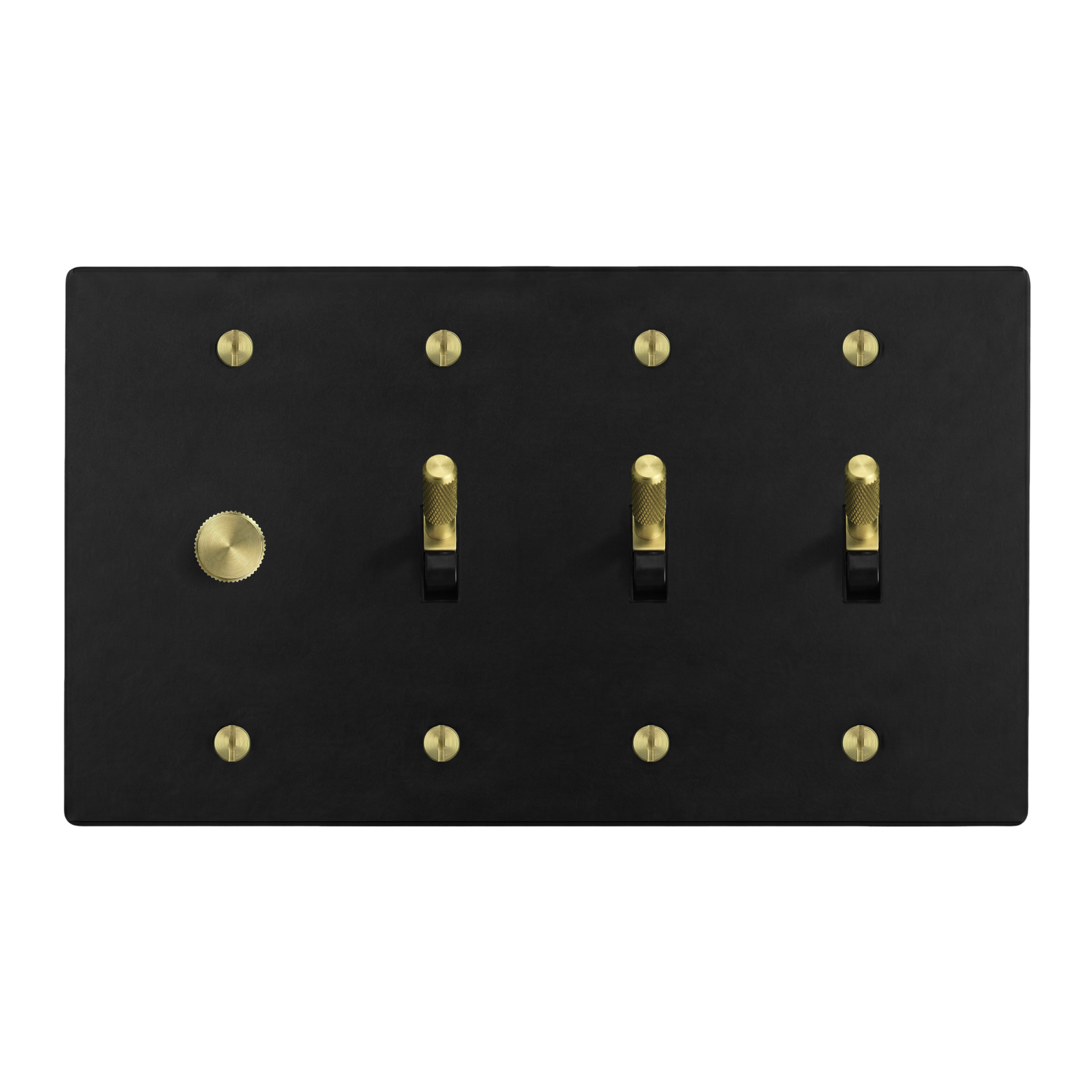 Matte Black (Satin Brass Accents) 4-Gang Dimmer, Toggle, Toggle & Toggle Switch Plate in Black