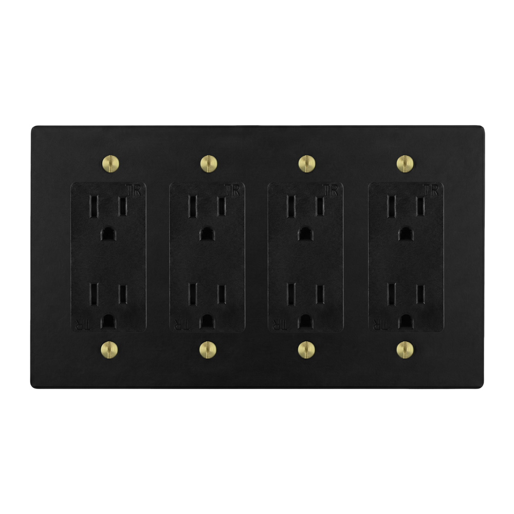 Matte Black (Satin Brass Accents) 4-Gang Duplex Outlet, Duplex Outlet, Duplex Outlet & Duplex Outlet Switch Plate in Black