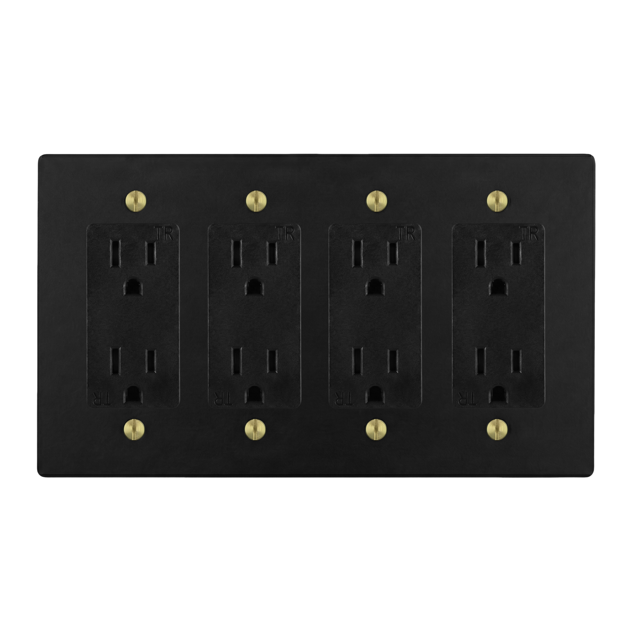 Matte Black (Satin Brass Accents) 4-Gang Duplex Outlet, Duplex Outlet, Duplex Outlet & Duplex Outlet Switch Plate in Black