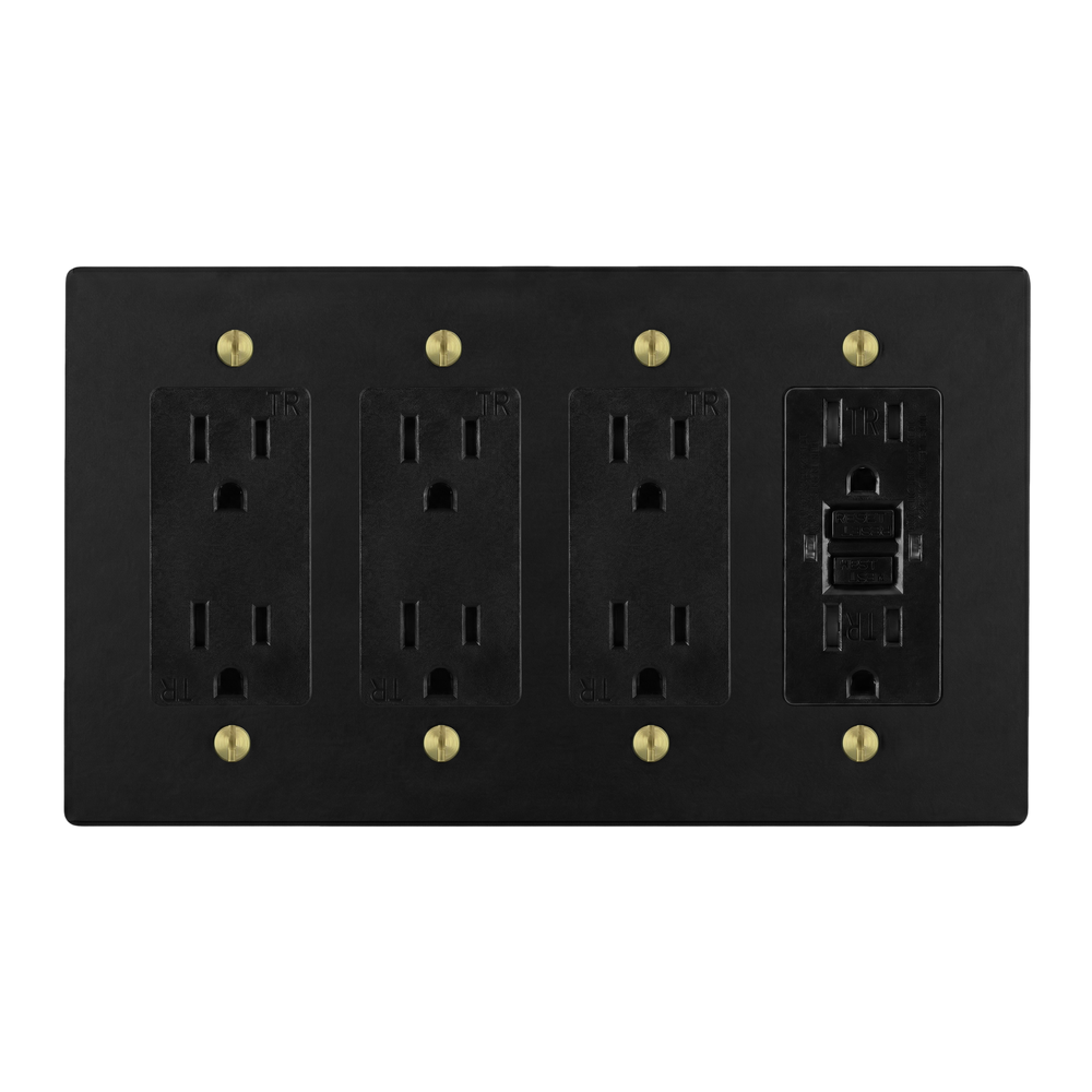 Matte Black (Satin Brass Accents) 4-Gang Duplex Outlet, Duplex Outlet, Duplex Outlet & GFCI Outlet Switch Plate in Black