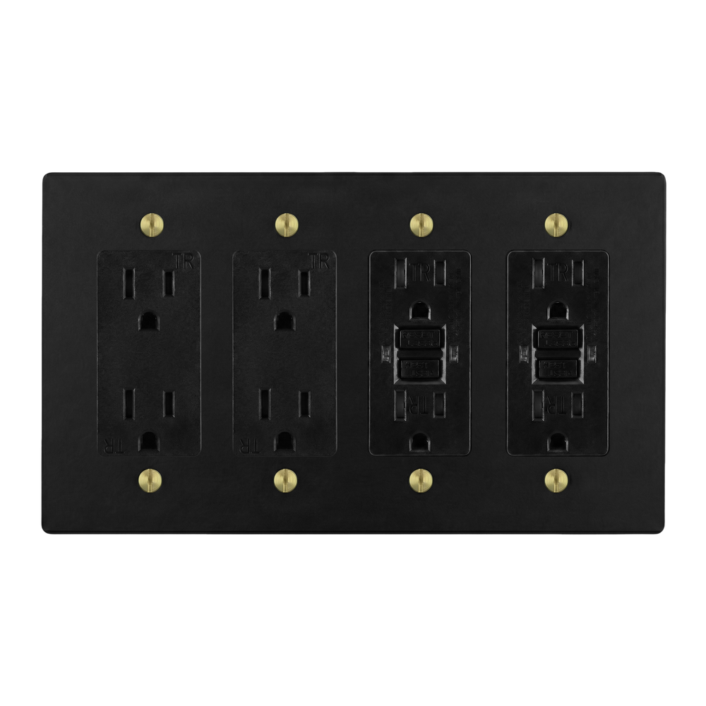 Matte Black (Satin Brass Accents) 4-Gang Duplex Outlet, Duplex Outlet, GFCI Outlet & GFCI Outlet Switch Plate in Black
