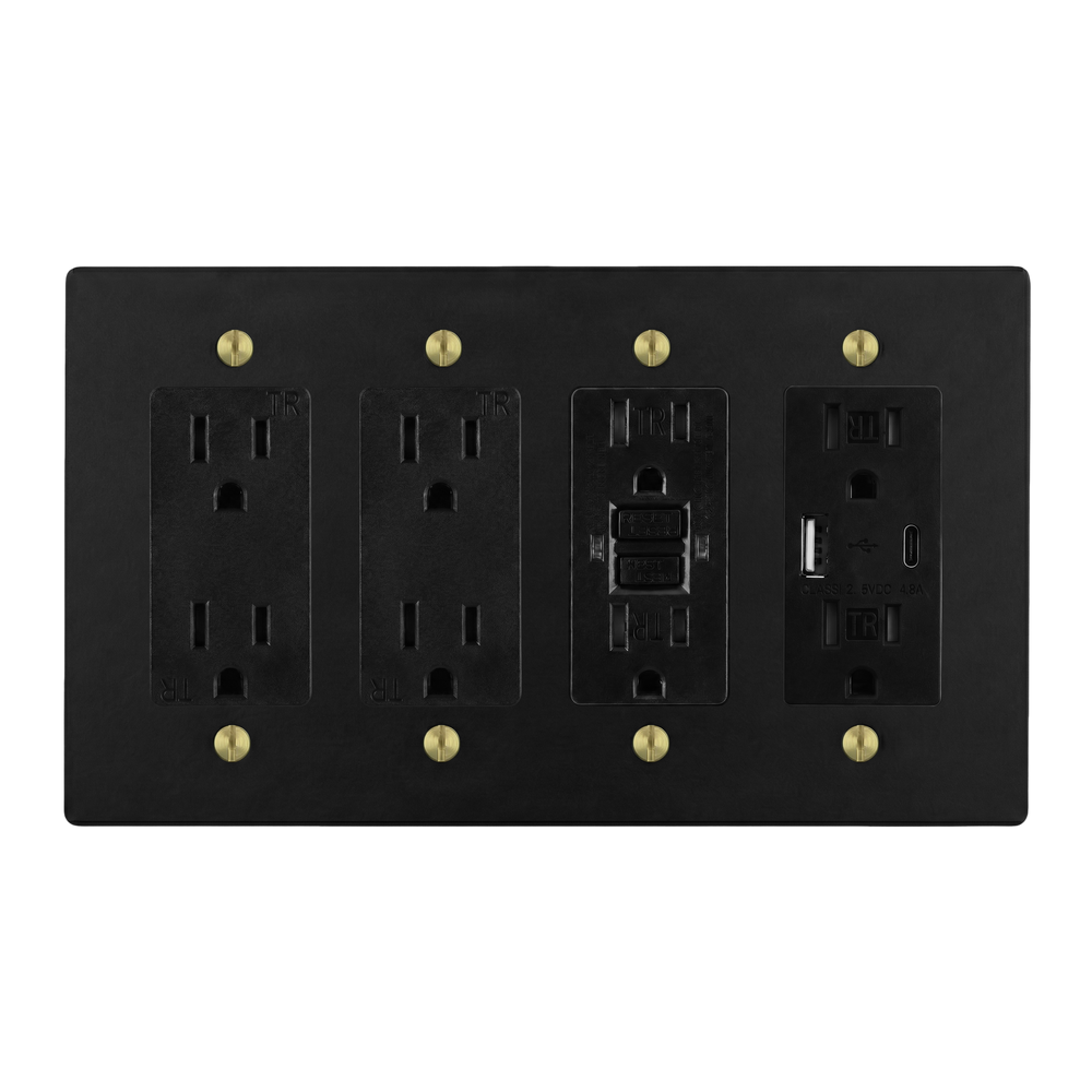 Matte Black (Satin Brass Accents) 4-Gang Duplex Outlet, Duplex Outlet, GFCI Outlet & USB Outlet Switch Plate in Black