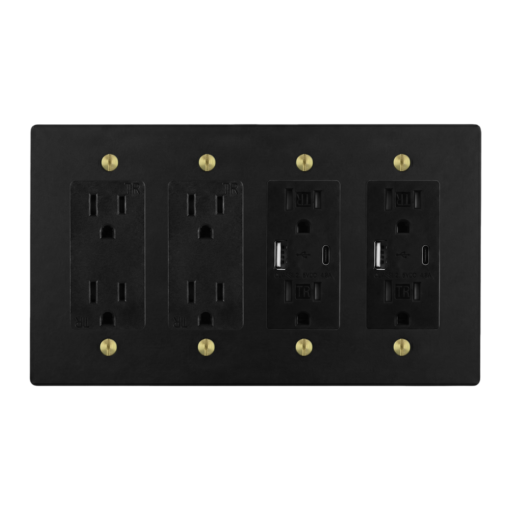 Matte Black (Satin Brass Accents) 4-Gang Duplex Outlet, Duplex Outlet, USB Outlet & USB Outlet Switch Plate in Black