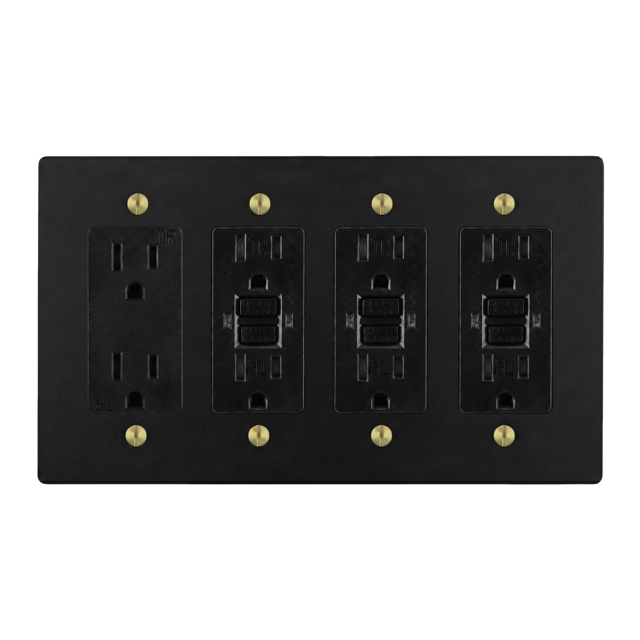 Matte Black (Satin Brass Accents) 4-Gang Duplex Outlet, GFCI Outlet, GFCI Outlet & GFCI Outlet Switch Plate in Black
