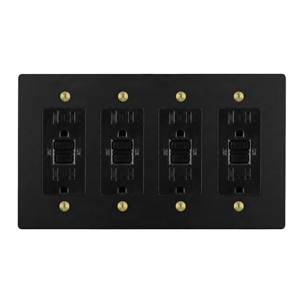 Matte Black (Satin Brass Accents) 4-Gang GFCI Outlet, GFCI Outlet, GFCI Outlet & GFCI Outlet Switch Plate in Black