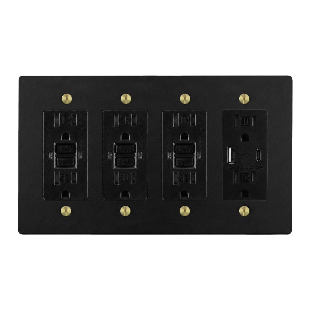 Matte Black (Satin Brass Accents) 4-Gang GFCI Outlet, GFCI Outlet, GFCI Outlet & USB Outlet Switch Plate in Black
