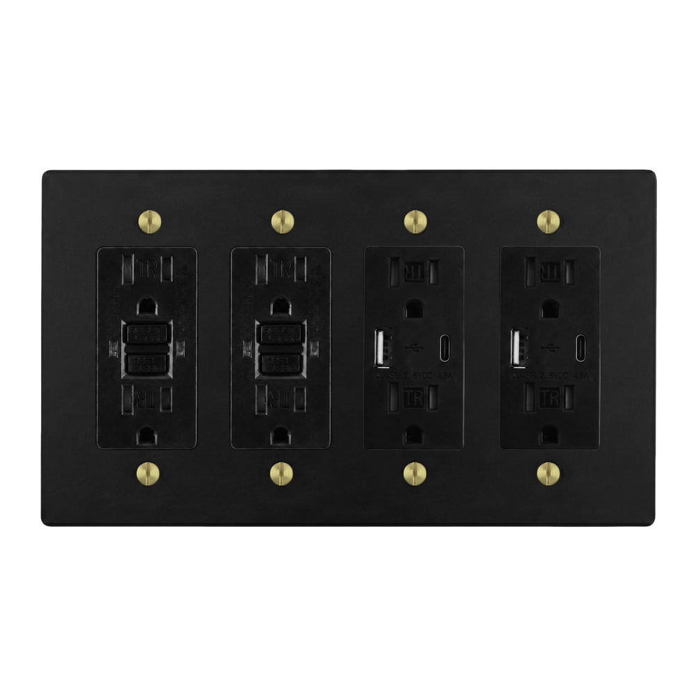 Matte Black (Satin Brass Accents) 4-Gang GFCI Outlet, GFCI Outlet, USB Outlet & USB Outlet Switch Plate in Black