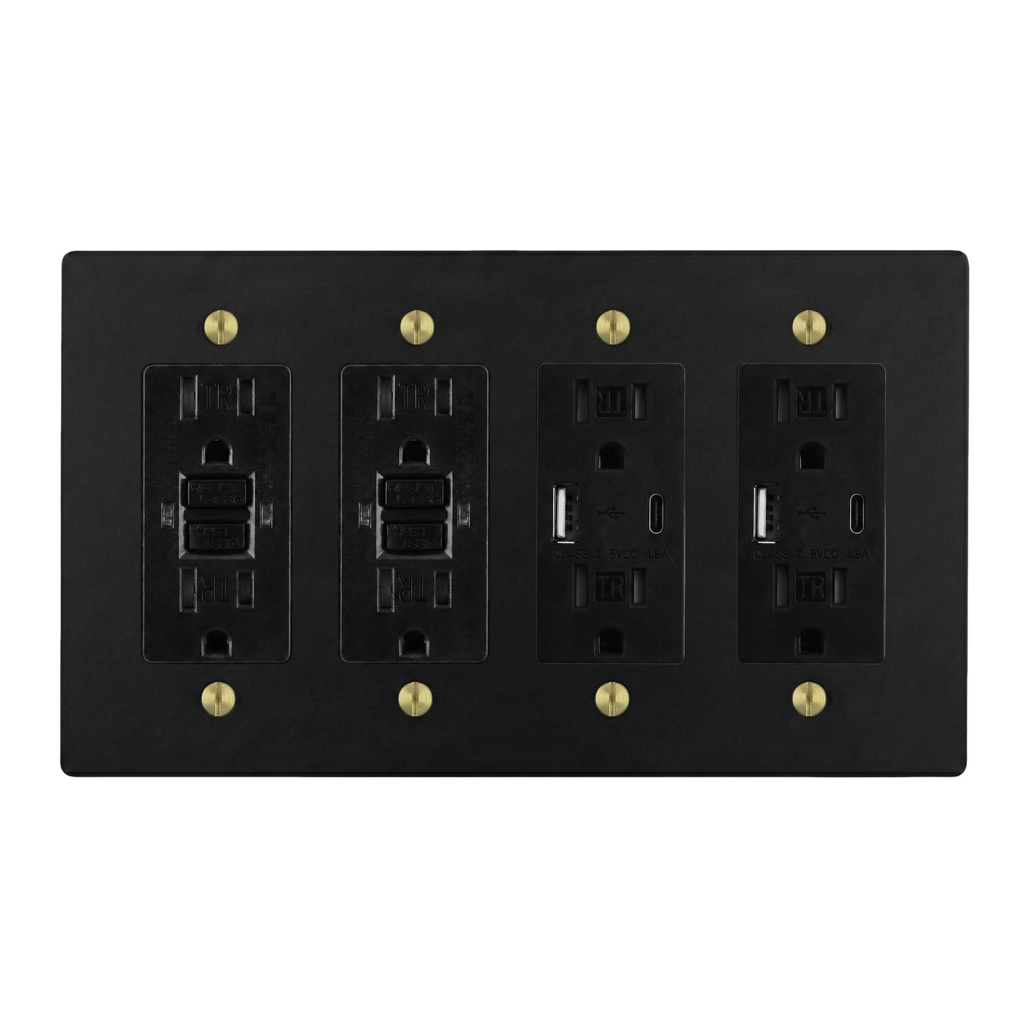 Matte Black (Satin Brass Accents) 4-Gang GFCI Outlet, GFCI Outlet, USB Outlet & USB Outlet Switch Plate in Black