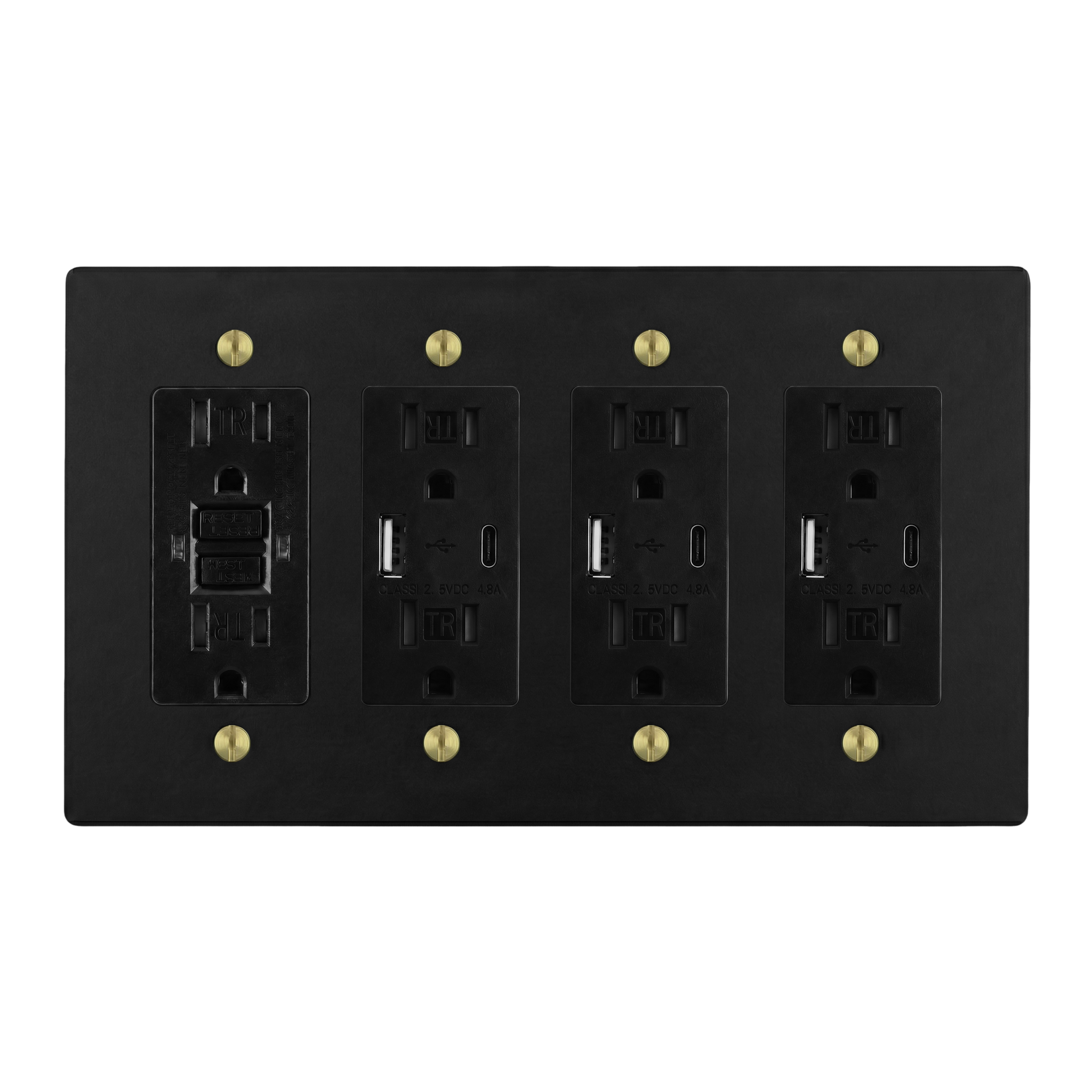 Matte Black (Satin Brass Accents) 4-Gang GFCI Outlet, USB Outlet, USB Outlet & USB Outlet Switch Plate in Black