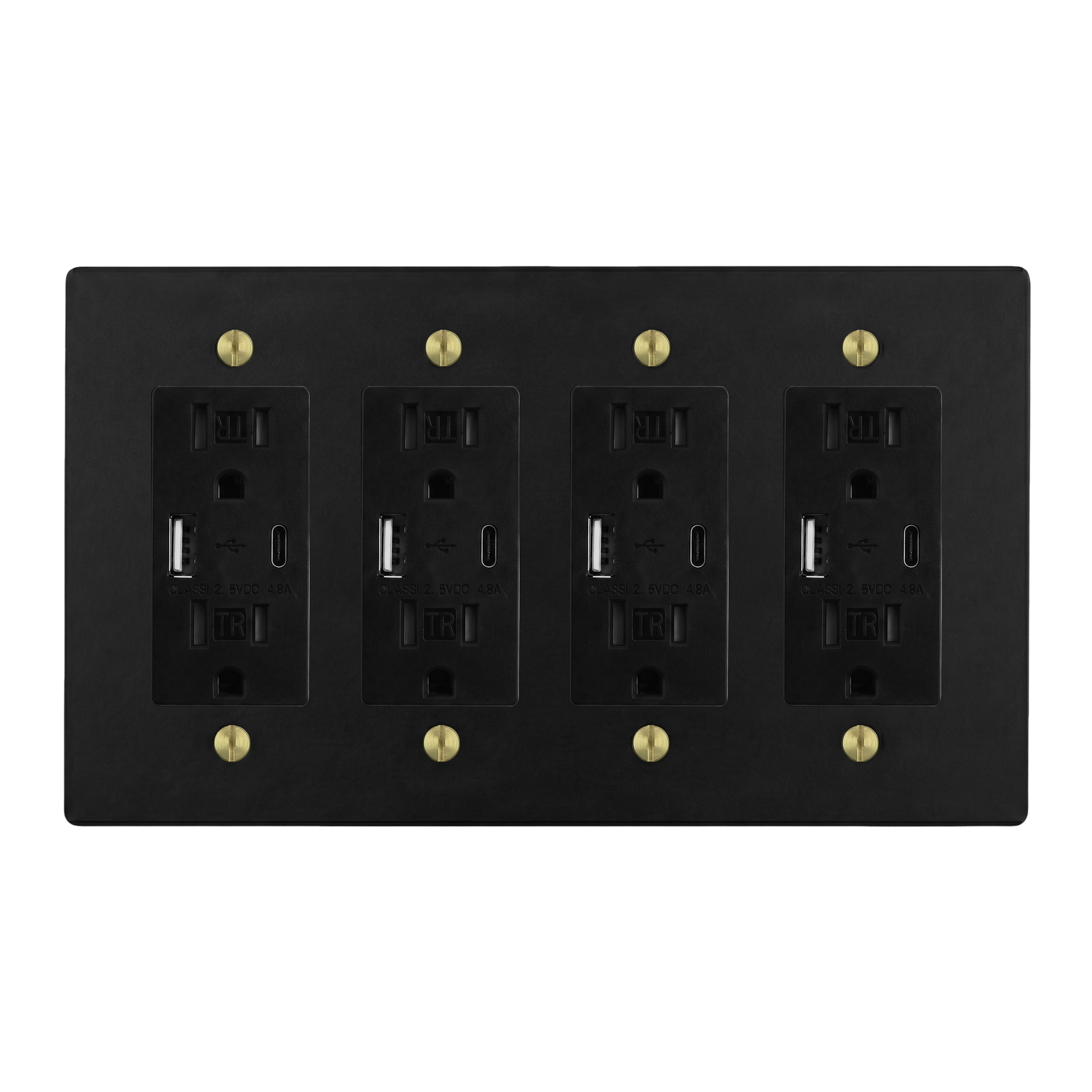 Matte Black (Satin Brass Accents) 4-Gang USB Outlet, USB Outlet, USB Outlet & USB Outlet Switch Plate in Black